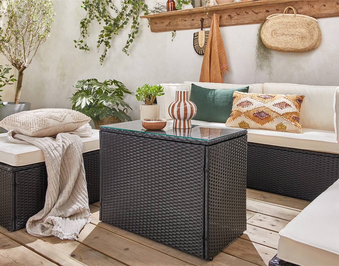 Best Mobilier - Otaki - salon bas de jardin modulable 5 places - résine tressée noire et coussins beiges - Best Mobilier - Imagen 5