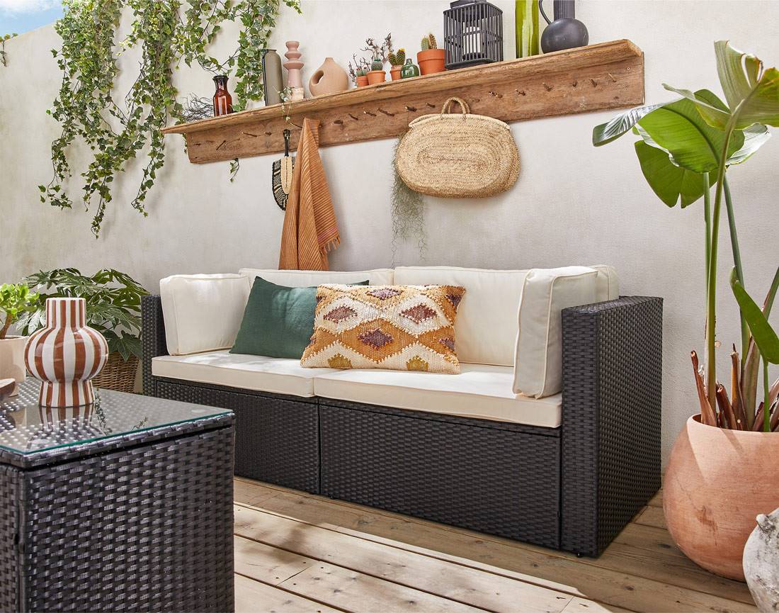 Best Mobilier - Otaki - salon bas de jardin modulable 5 places - résine tressée noire et coussins beiges - Best Mobilier - Imagen 4