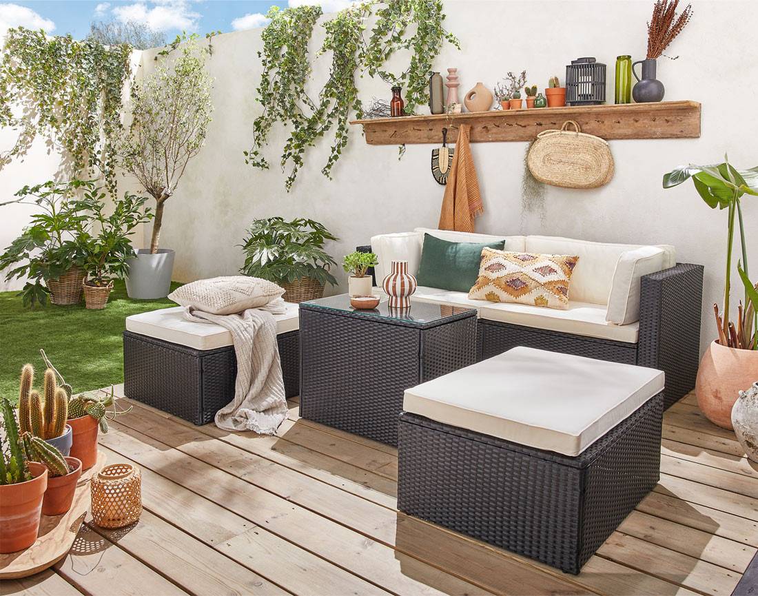 Best Mobilier - Otaki - salon bas de jardin modulable 5 places - résine tressée noire et coussins beiges - Best Mobilier - Imagen 2