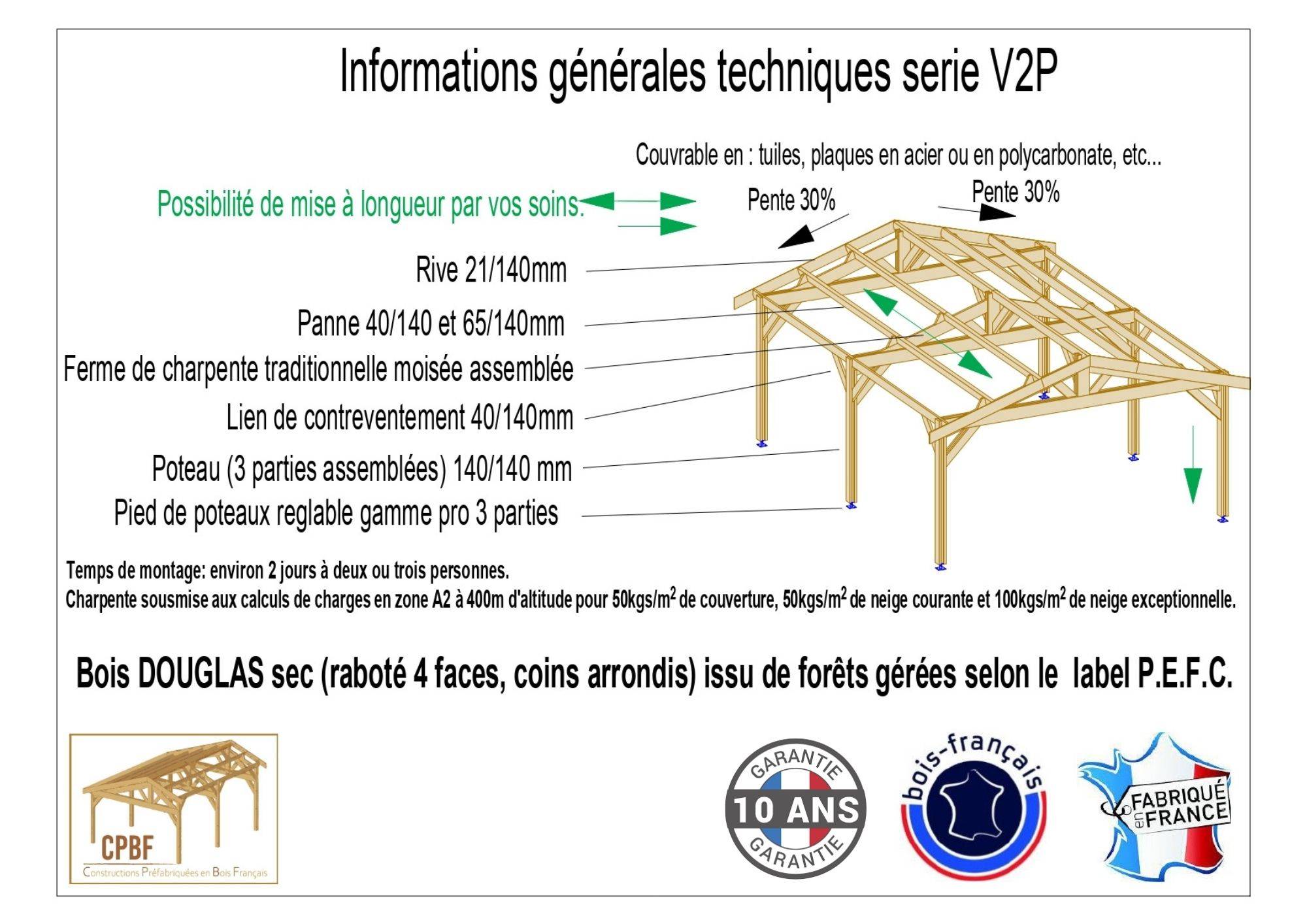 Carport Charpente deux pentes 550cmx750cm, bois DOUGLAS Français  (Charpente en bois-auvent-abri voiture),  41.25 m². Garantie 10 ans - Image 3