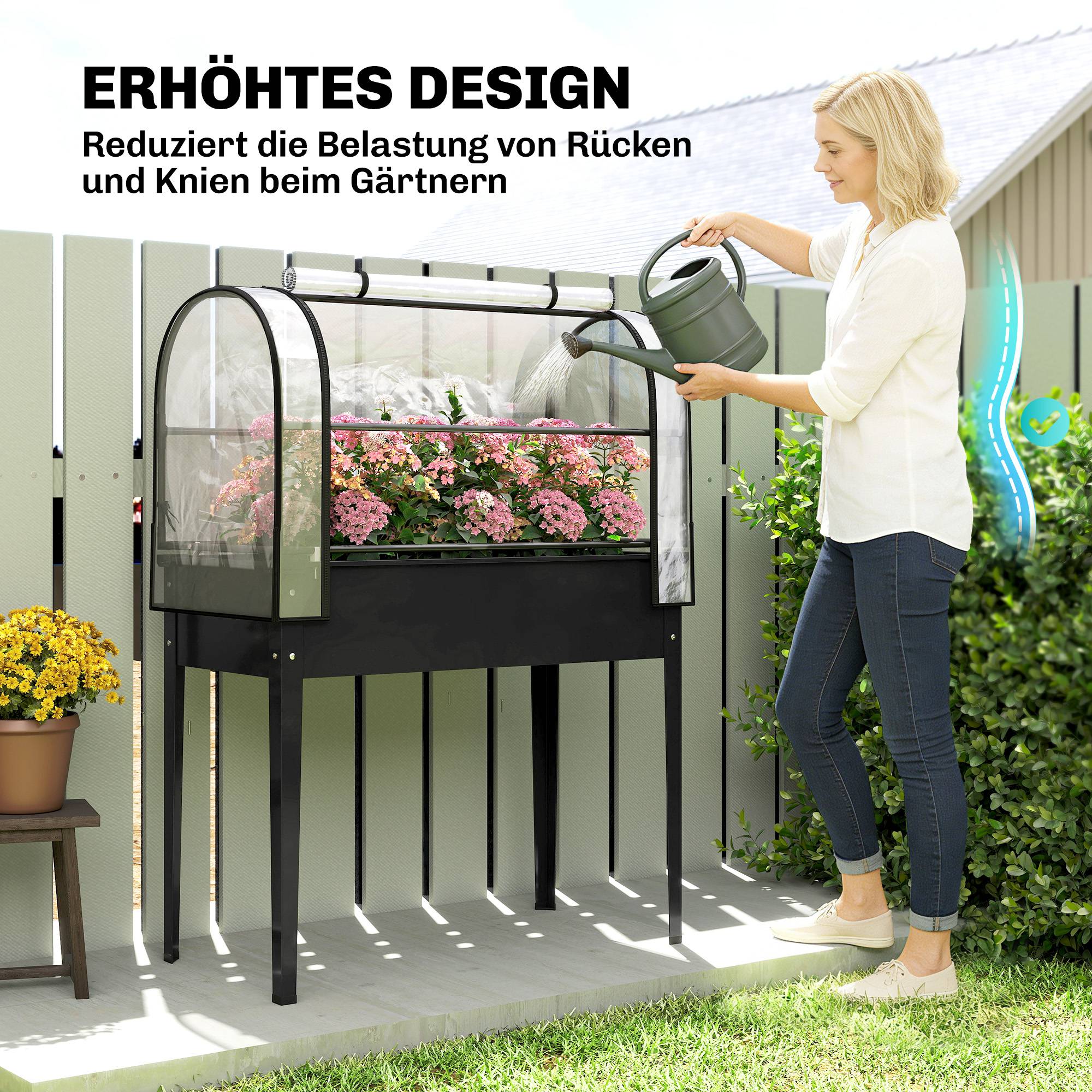 Jardinière surélevée avec serre, couvercle rabattable, roulante, porte zip, drainage, noir - Image 9