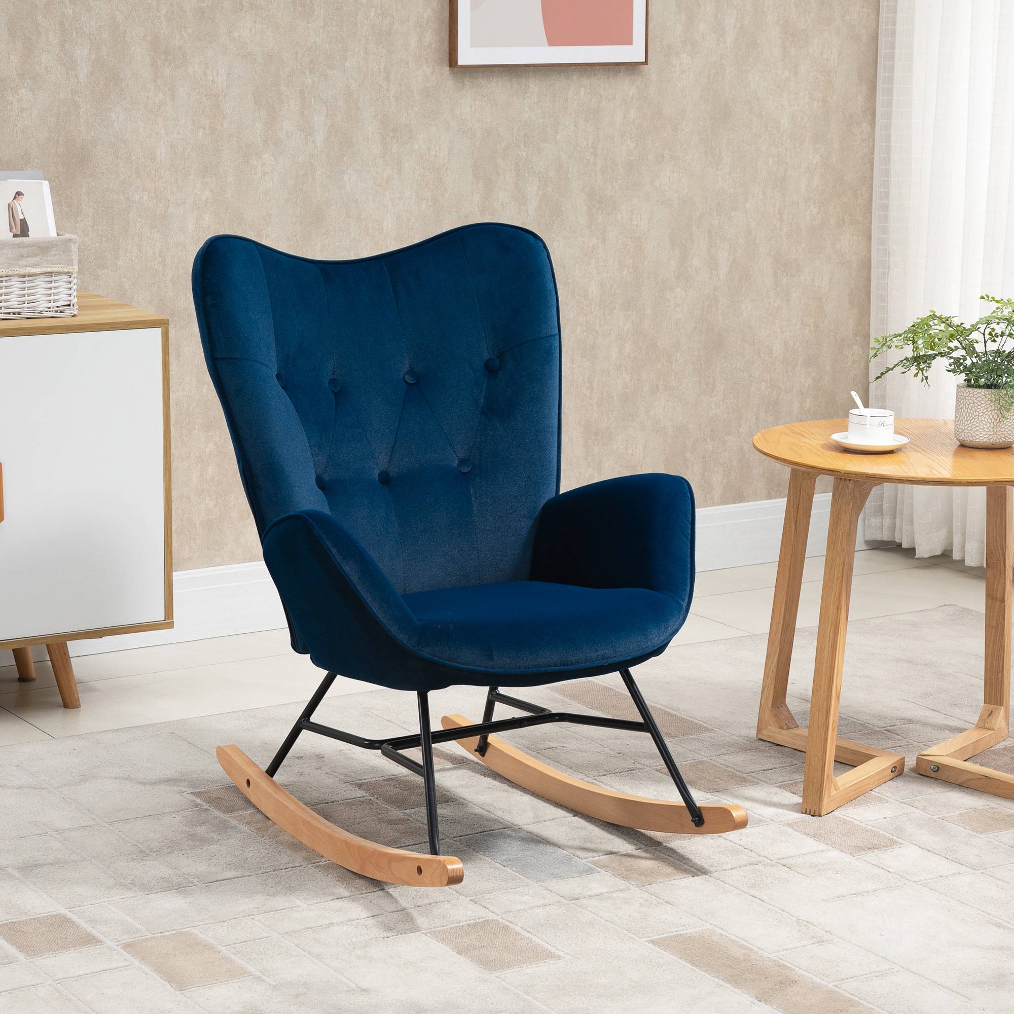 Fauteuil à Bascule, Rocking Chair, fauteuil allaitement confortable avec Structure en bois massif et métal pour Salon, Chambre, Balcon, Velours Bleu - Image 3