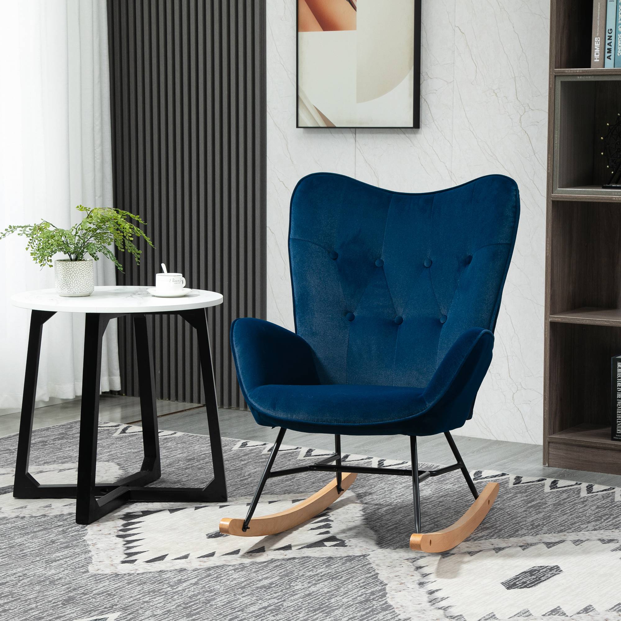 Fauteuil à Bascule, Rocking Chair, fauteuil allaitement confortable avec Structure en bois massif et métal pour Salon, Chambre, Balcon, Velours Bleu - Image 4