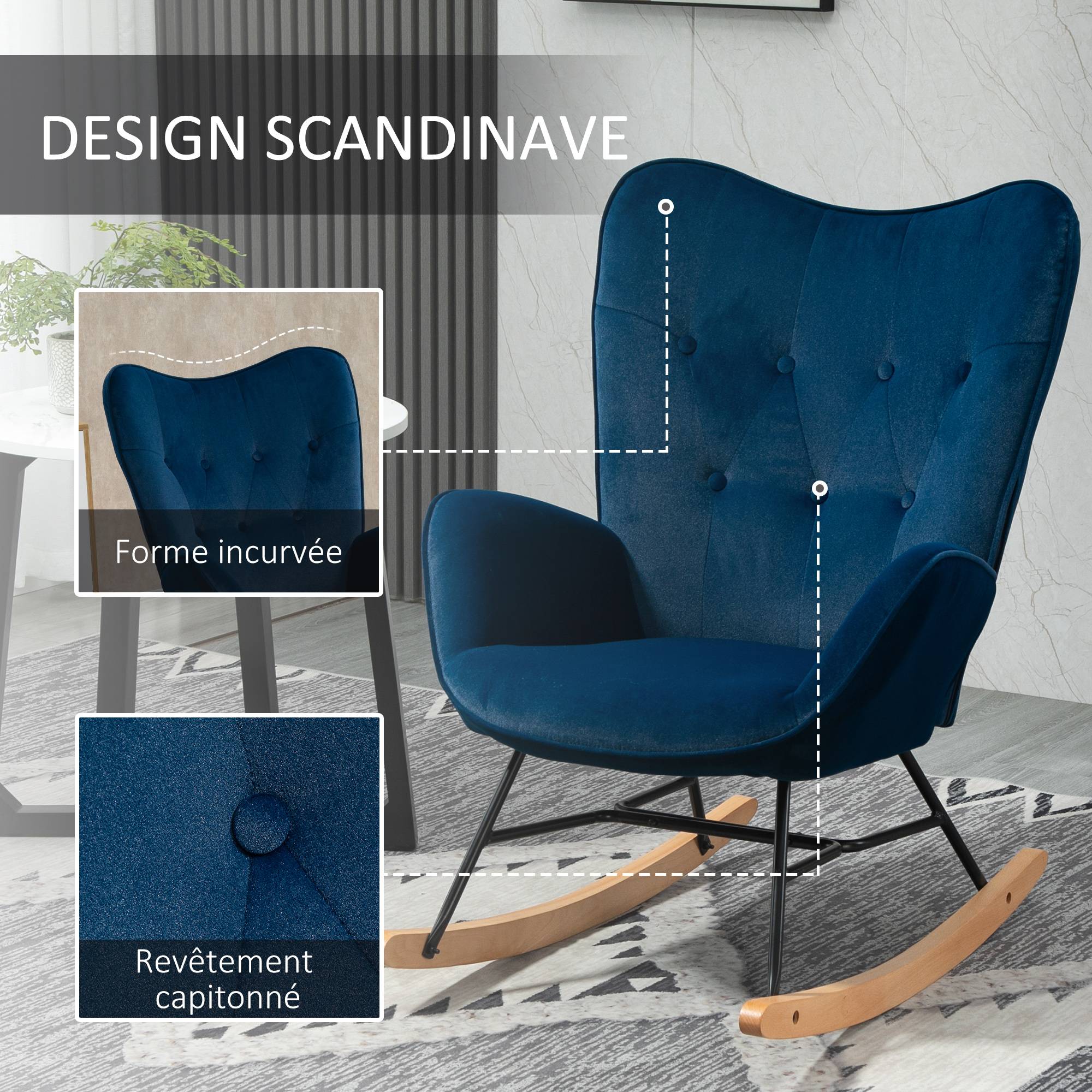 Fauteuil à Bascule, Rocking Chair, fauteuil allaitement confortable avec Structure en bois massif et métal pour Salon, Chambre, Balcon, Velours Bleu - Image 6