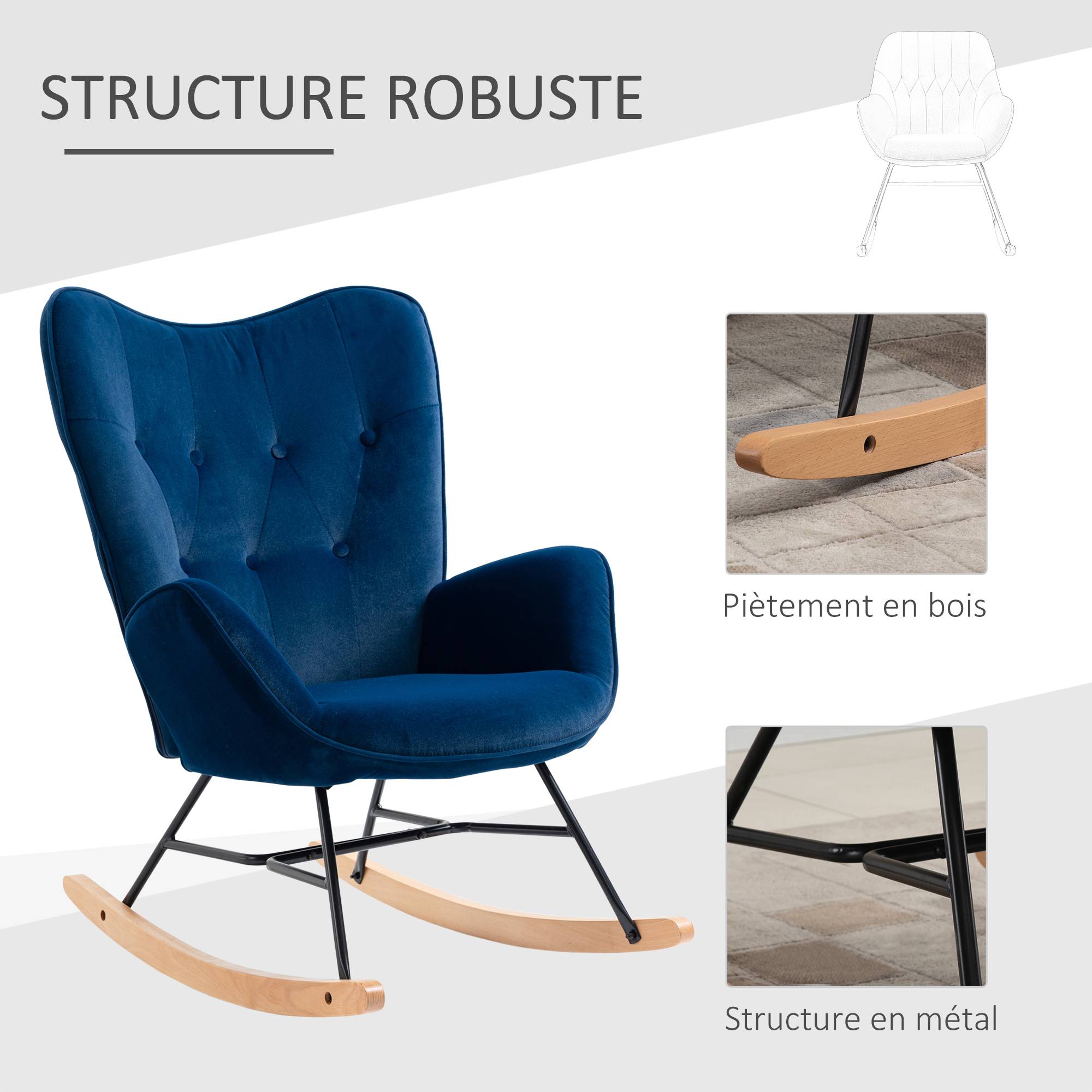 Fauteuil à Bascule, Rocking Chair, fauteuil allaitement confortable avec Structure en bois massif et métal pour Salon, Chambre, Balcon, Velours Bleu - Image 9