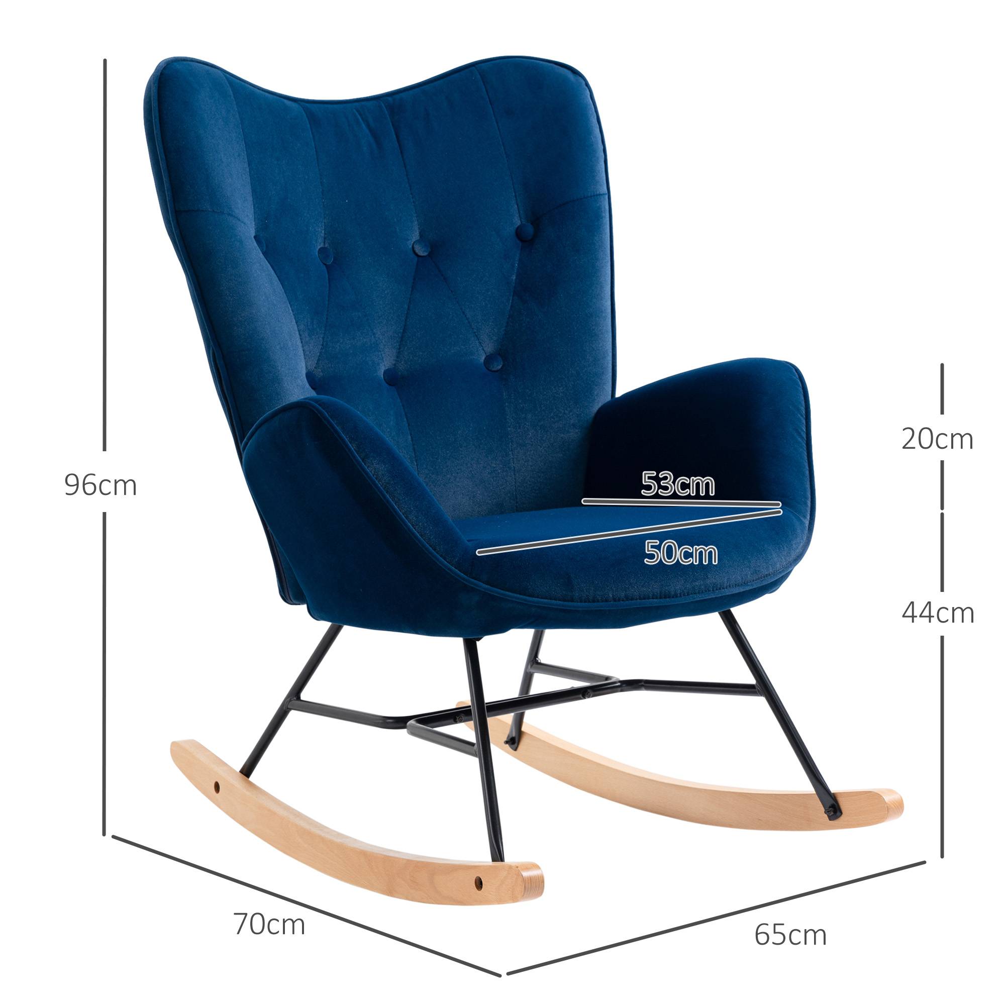 Fauteuil à Bascule, Rocking Chair, fauteuil allaitement confortable avec Structure en bois massif et métal pour Salon, Chambre, Balcon, Velours Bleu - Image 5