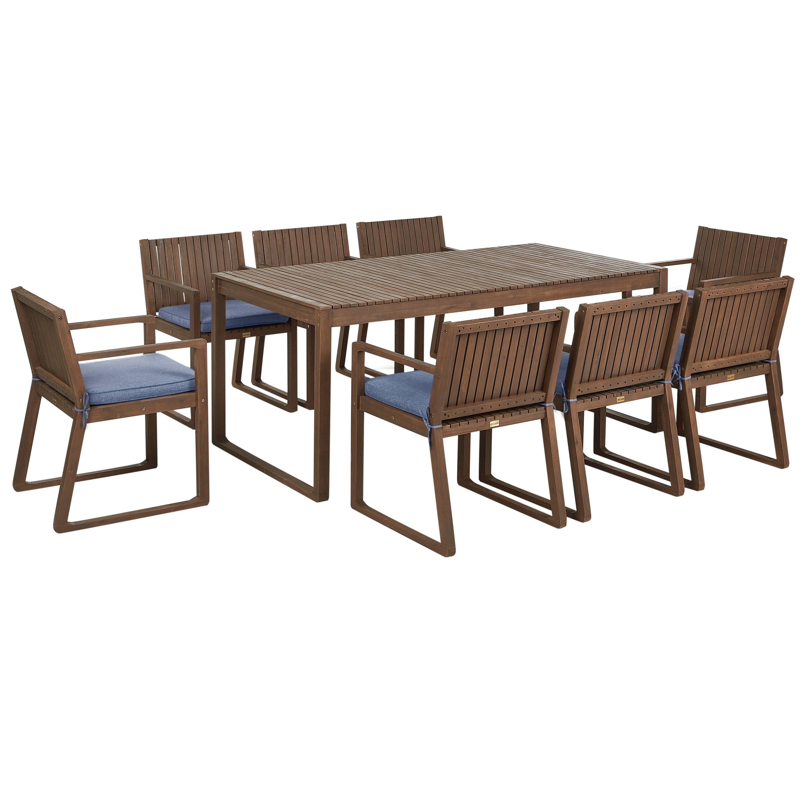 Beliani - Ensemble de Salle à Manger Extérieur Table en Bois d'Acacia Foncé 8 Chaises et Coussins Bleu Jardin Rustique - Imagen 1