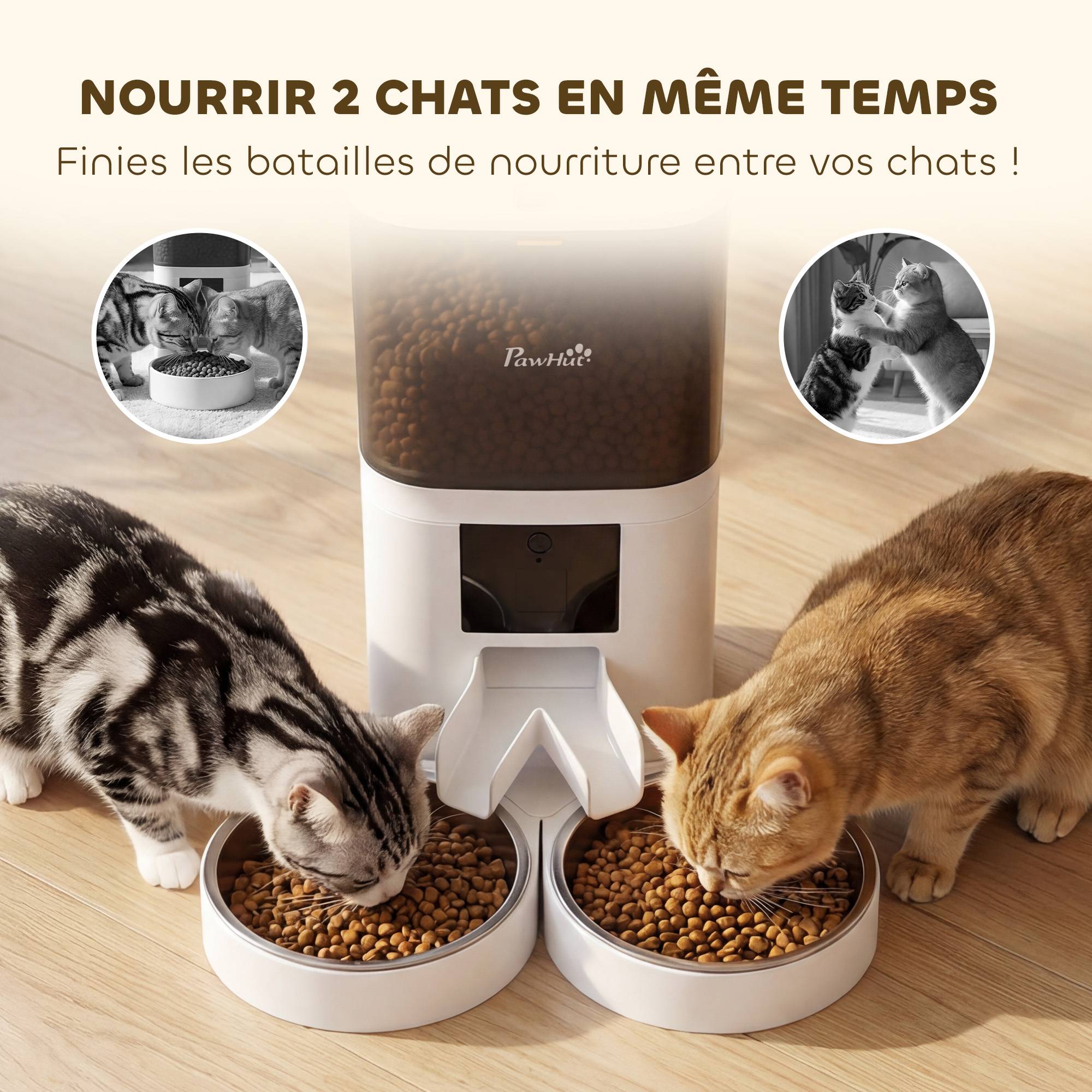 Distributeur croquettes chat automatique 6L double bol inox WiFi Tuya App ABS 37x36x35cm blanc - Image 8