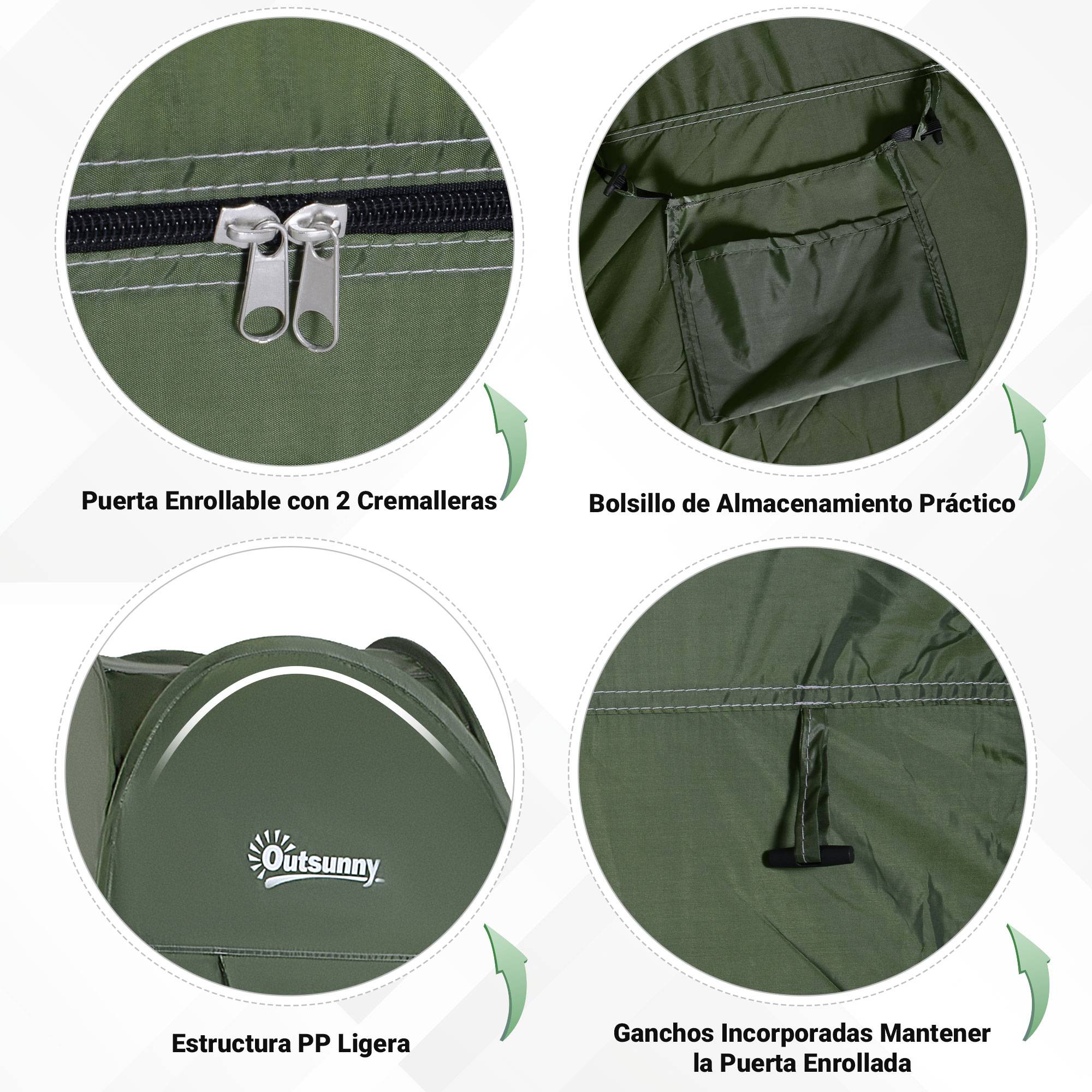 Tente de douche pliable avec protection UV, toit imperméable et poignée pour le camping et la plage, 100 x 100 x 185 cm, verte - Image 7