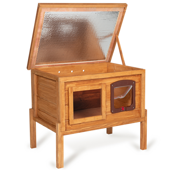 Niche autochauffante en bois pour chat avec porte et fenêtre - Image 3