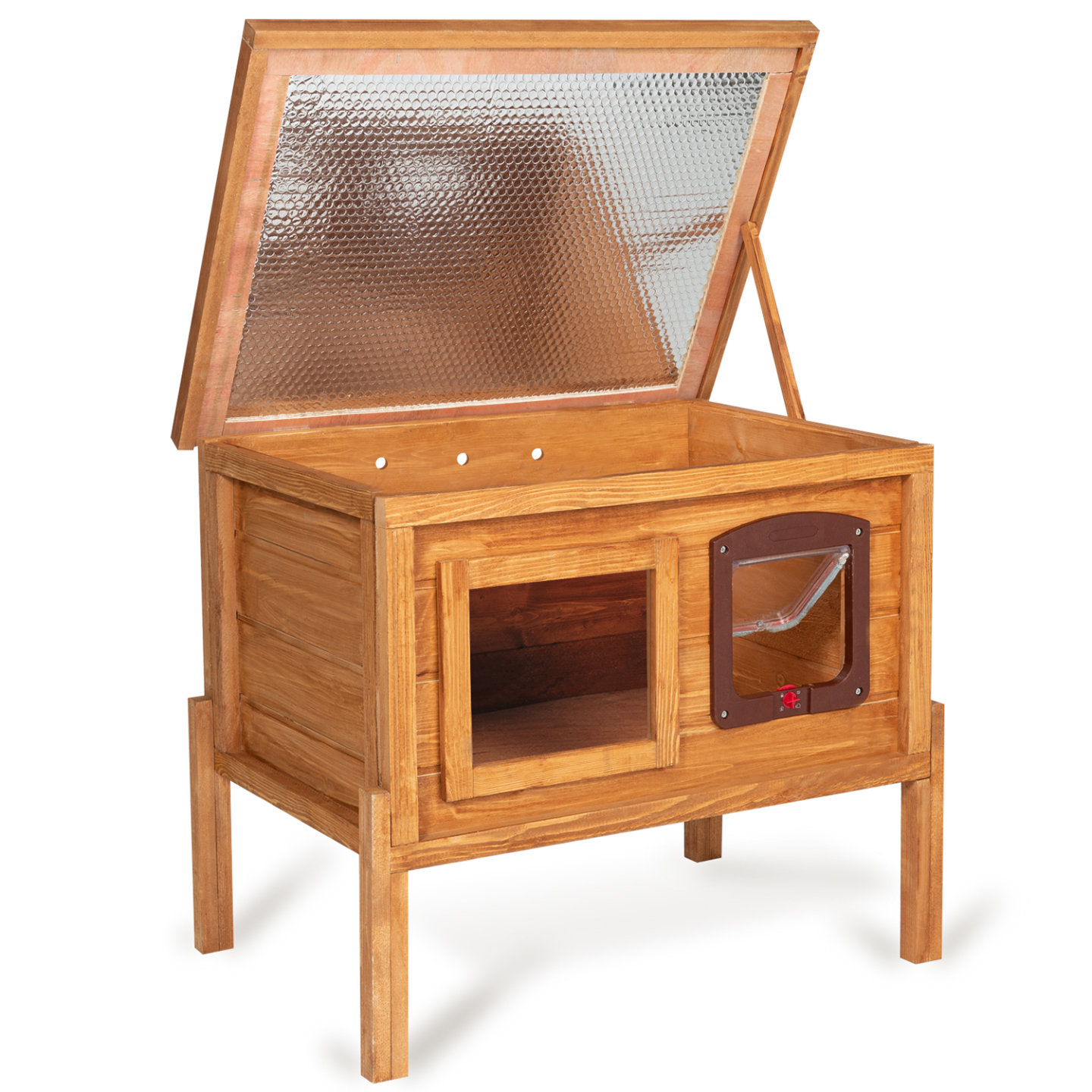 Niche autochauffante en bois pour chat avec porte et fenêtre - Image 3