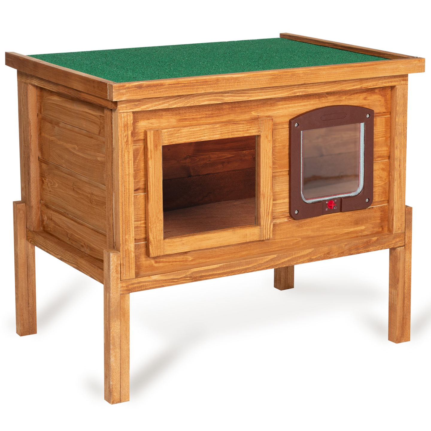Niche autochauffante en bois pour chat avec porte et fenêtre - Image 2