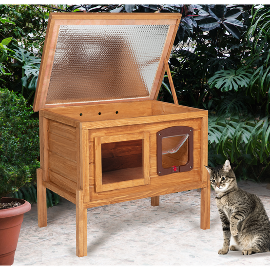 Niche autochauffante en bois pour chat avec porte et fenêtre - Image 1
