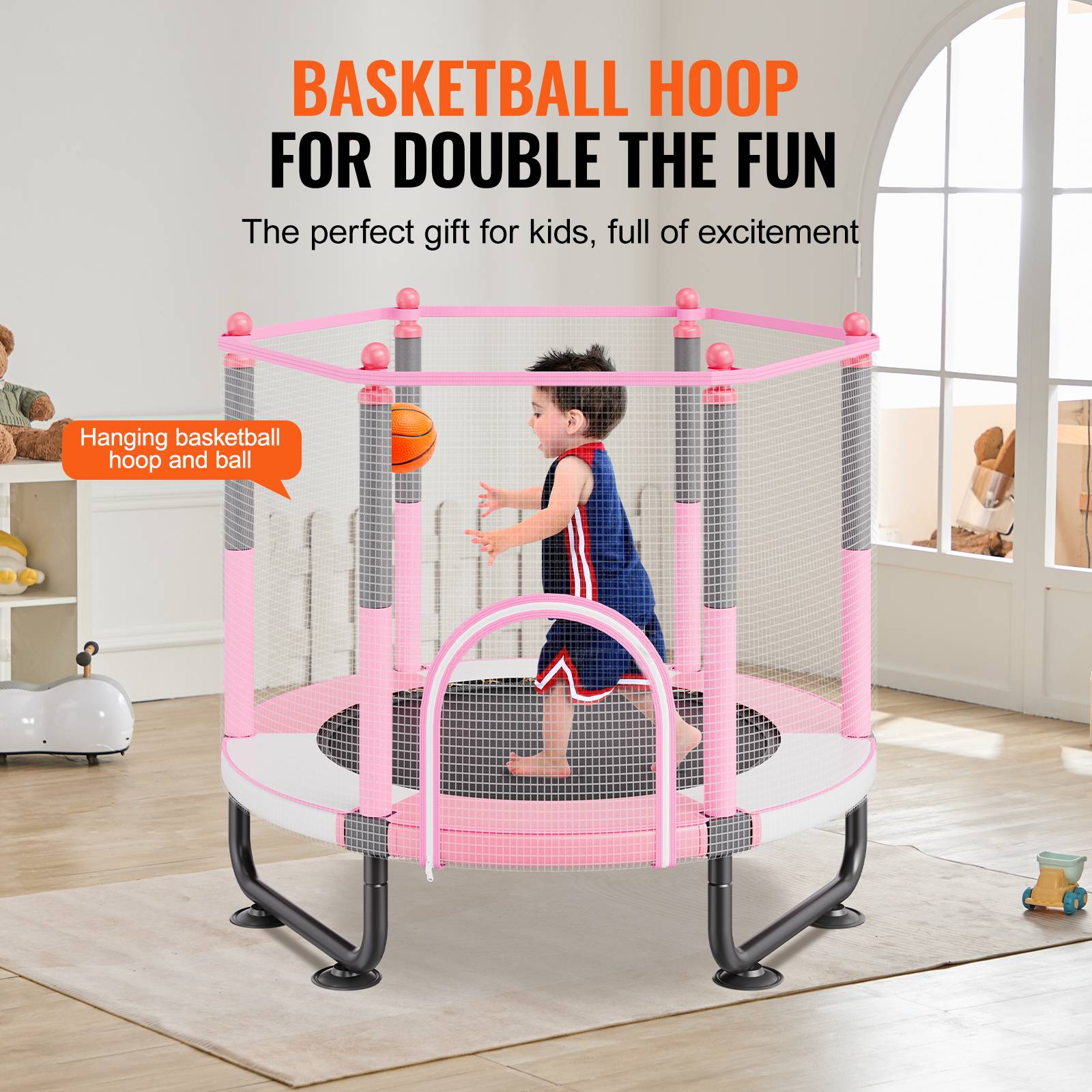 Vevor - VEVOR mini trampoline enfant 1545 mm, filet de sécurité 360°, panier de basket et balle, pour enfants 3+ ans, rose - Image 4