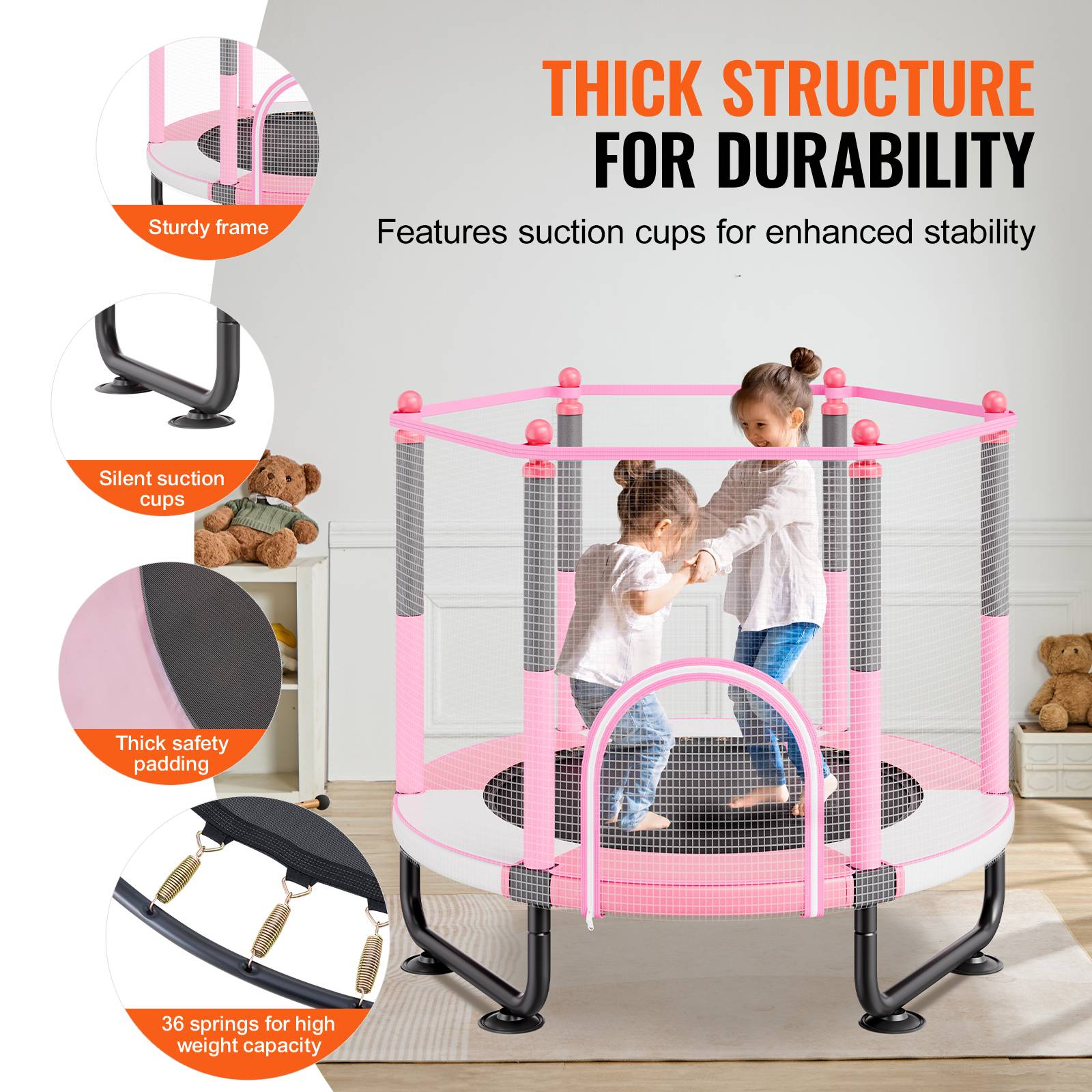 Vevor - VEVOR mini trampoline enfant 1545 mm, filet de sécurité 360°, panier de basket et balle, pour enfants 3+ ans, rose - Image 7