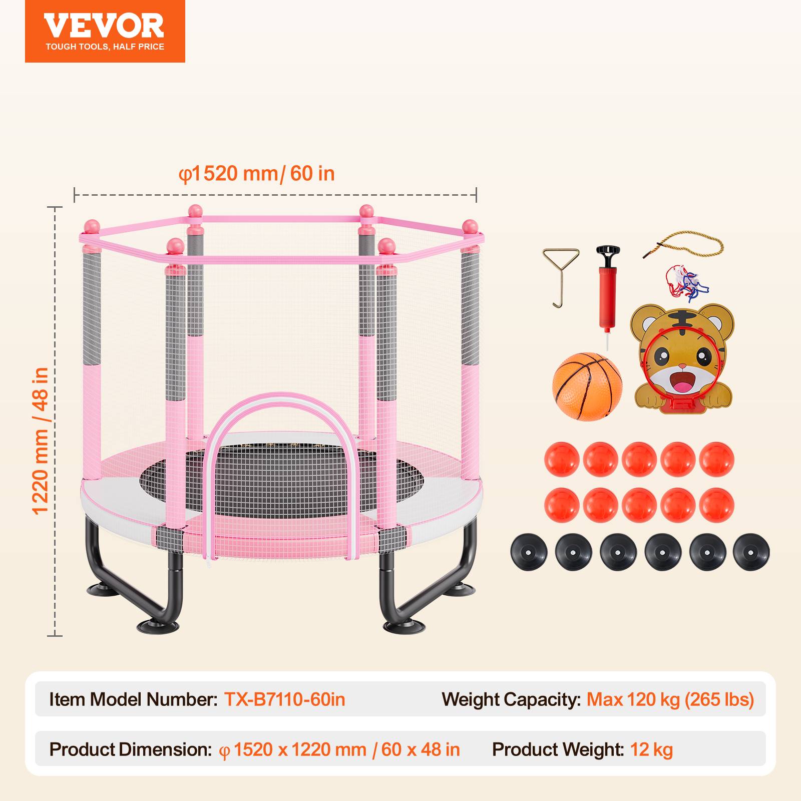 Vevor - VEVOR mini trampoline enfant 1545 mm, filet de sécurité 360°, panier de basket et balle, pour enfants 3+ ans, rose - Image 6