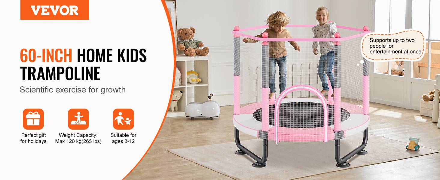 Vevor - VEVOR mini trampoline enfant 1545 mm, filet de sécurité 360°, panier de basket et balle, pour enfants 3+ ans, rose - Image 9