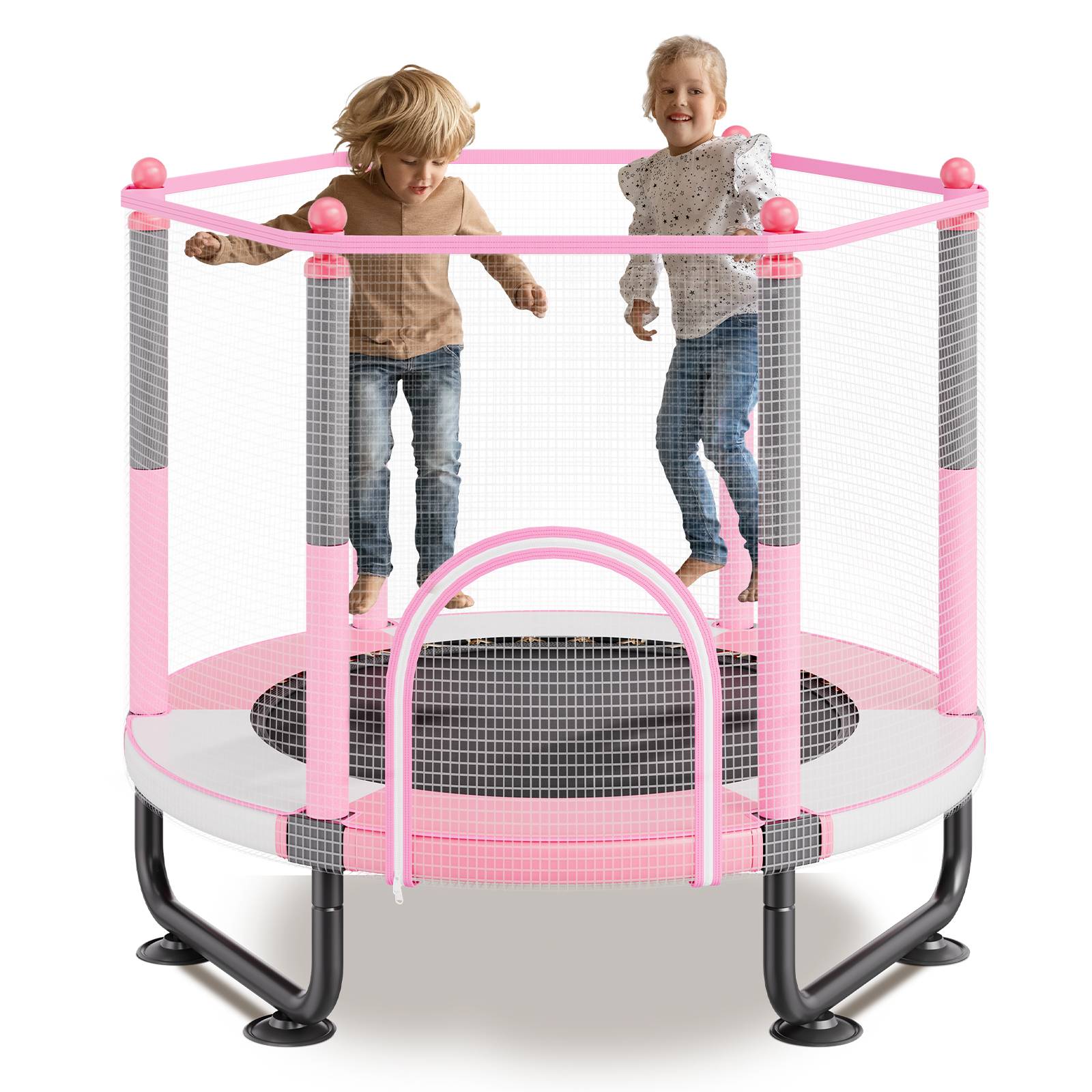 Vevor - VEVOR mini trampoline enfant 1545 mm, filet de sécurité 360°, panier de basket et balle, pour enfants 3+ ans, rose - Image 1