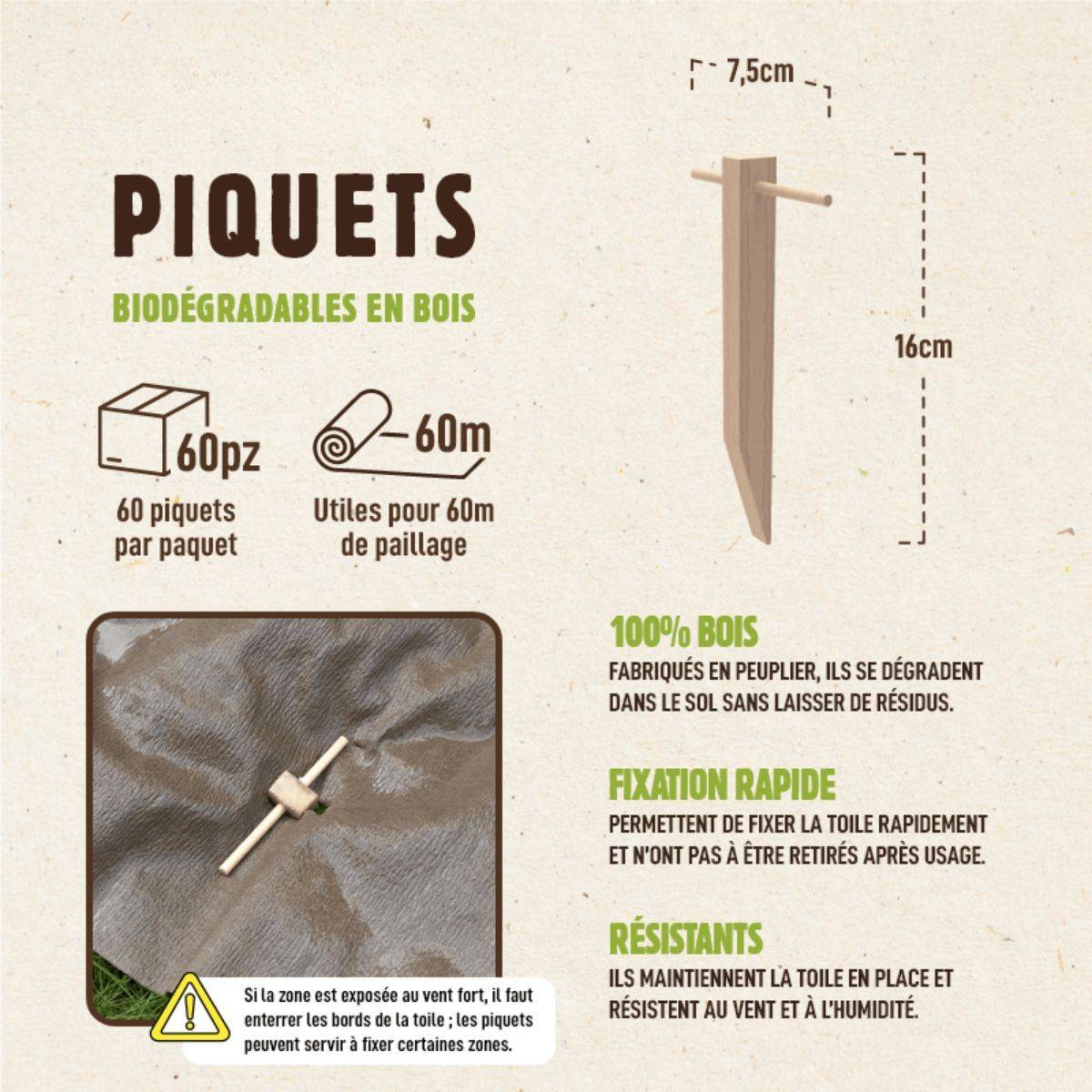 Kit Toile de paillage Papier Kraft 0.9 x 20m + 60 Piquets Bois fixation Paillage Autodégradable Anti mauvaises herbes Jardin - Image 6