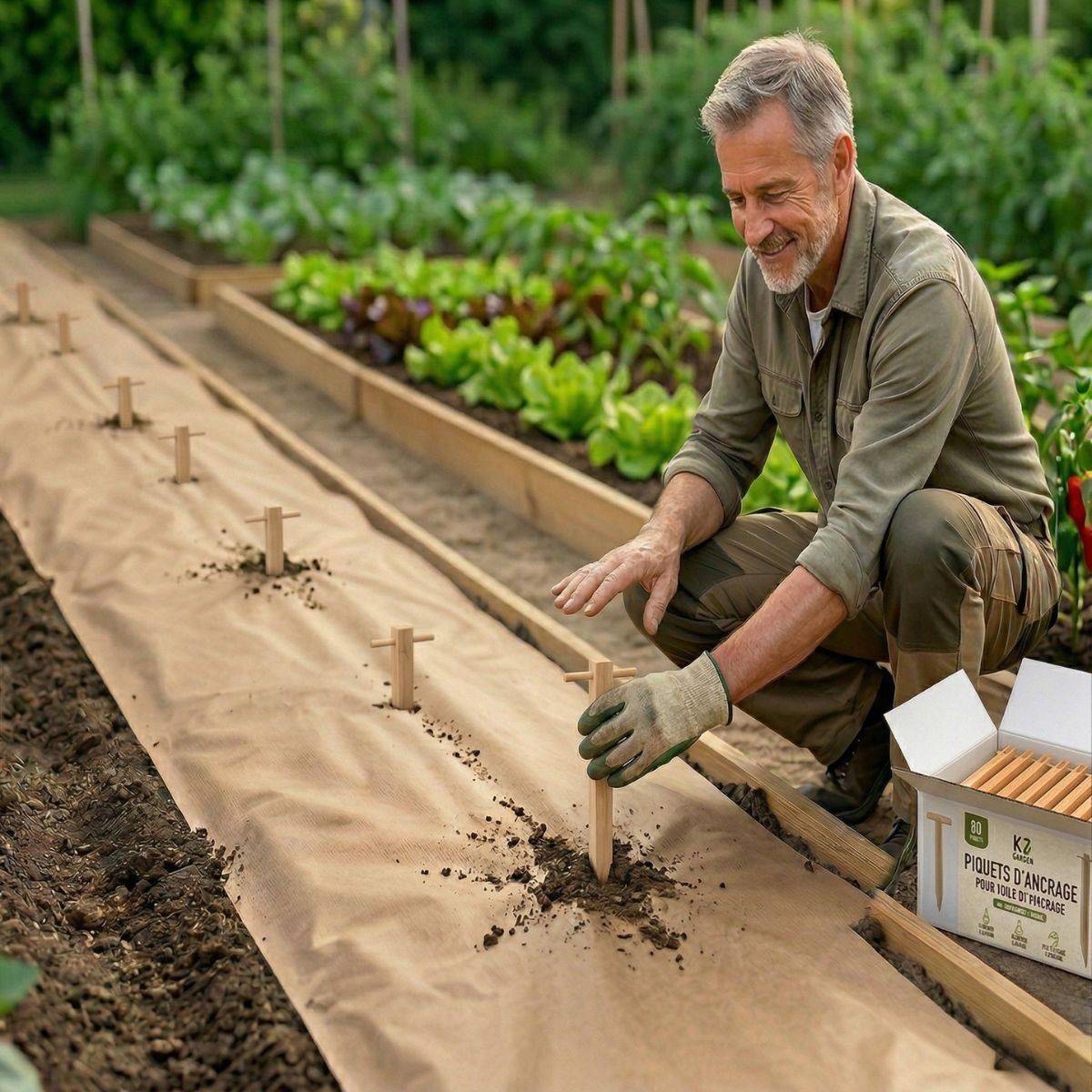 Kit Toile de paillage Papier Kraft 0.9 x 20m + 60 Piquets Bois fixation Paillage Autodégradable Anti mauvaises herbes Jardin - Image 4