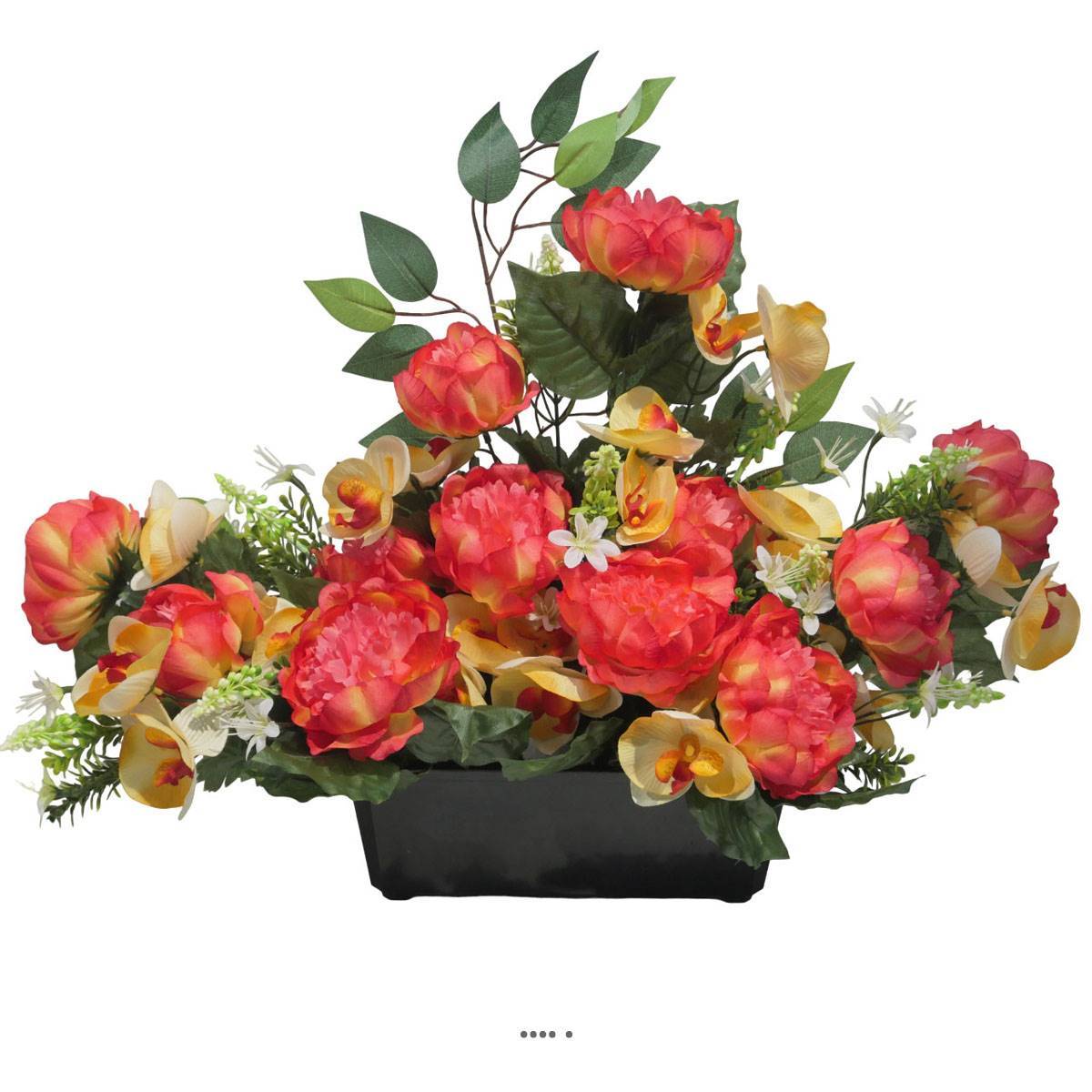 Artificielles - Devant de tombe de Pivoine, Orchidée, mini fleurs et ficus Rose fushia artificiels pour la Toussaint - couleur: Rose fushia 730 - Imagen 1