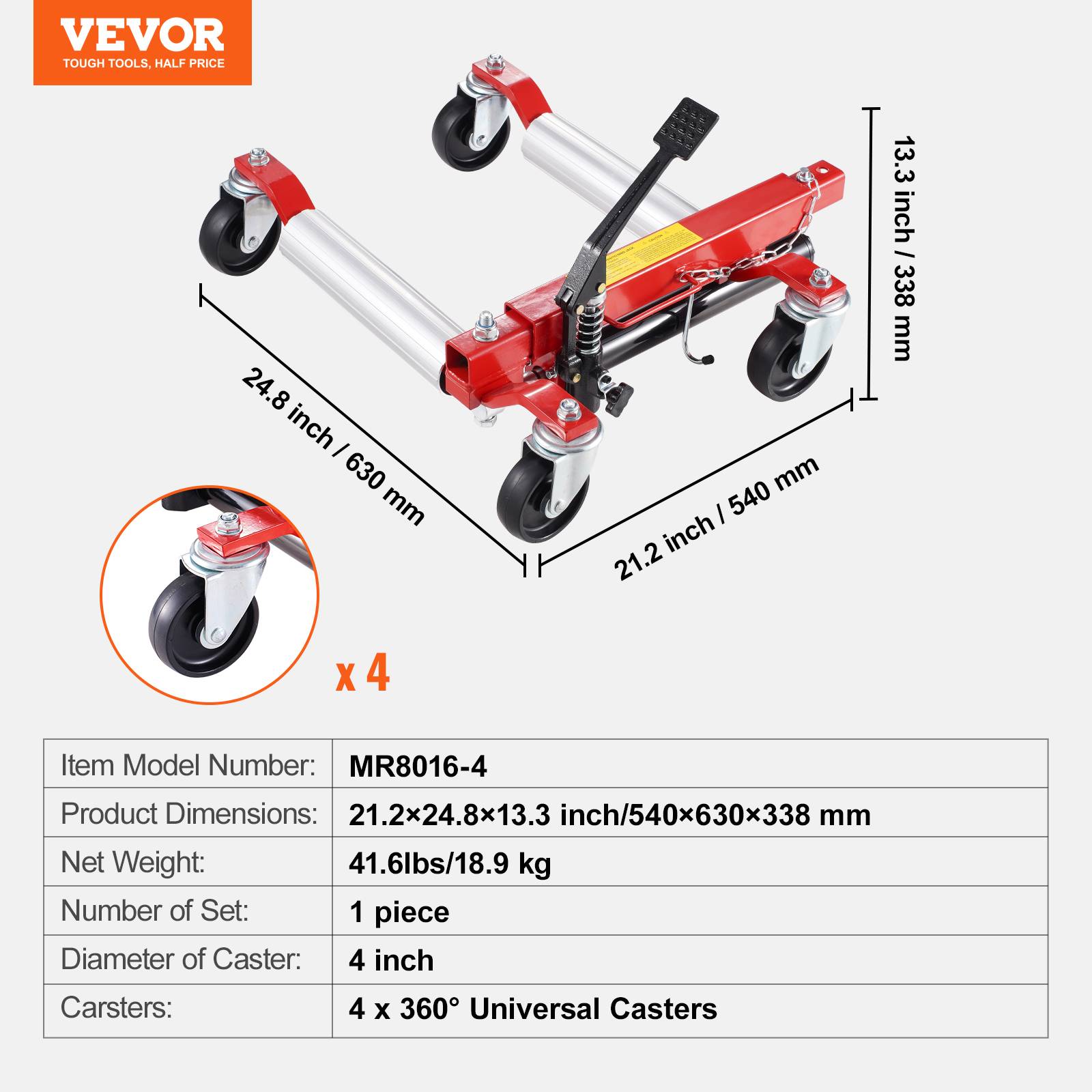 VEVOR Chariot manutention voiture hydraulique 680kg, roues 360°, pour manœuvre/réparation véhicule, camion. - Image 7