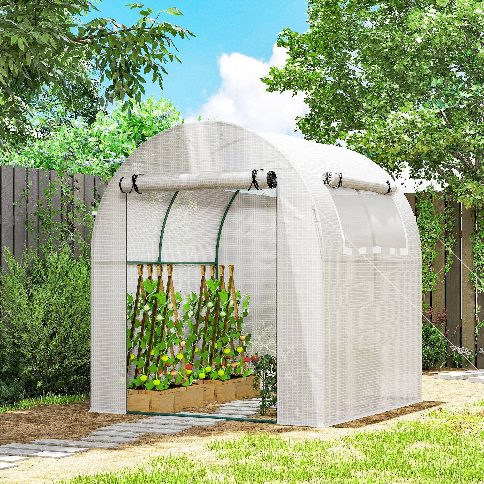 Serre de jardin acier bâche plastique pour semis fleurs fenêtres 180x180x200cm blanc - ComfortXL Outdoor Living - Image 3