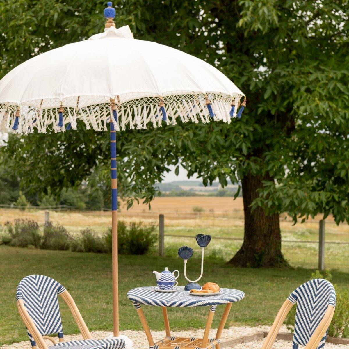 J-Line - Parasol Rond à Franges "Flavie" 180cm Écru & Bleu - Image 7
