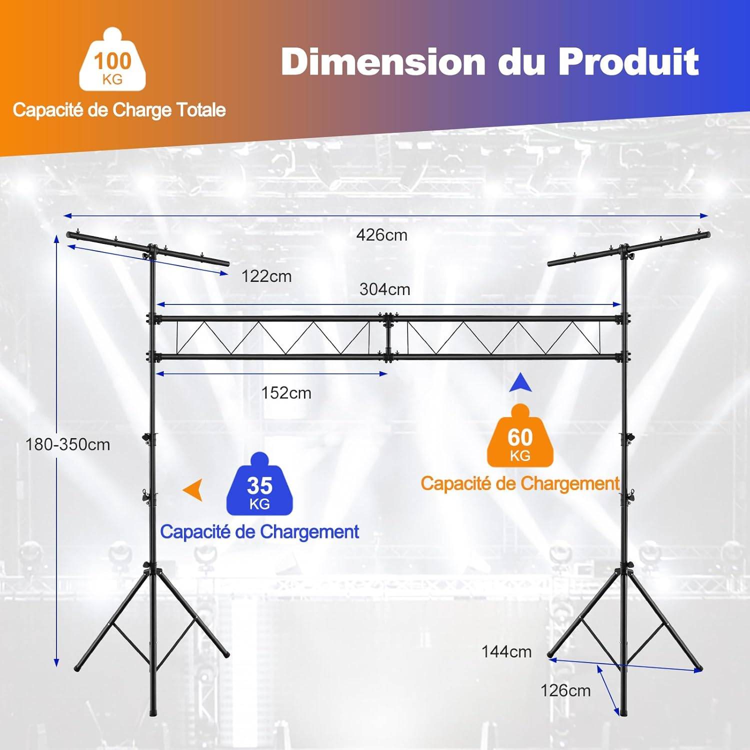 Support d'Éclairage LED avec Hauteur Réglable 180 à 350 cm Charge 100KG,  pour Scène Concerts - Image 4