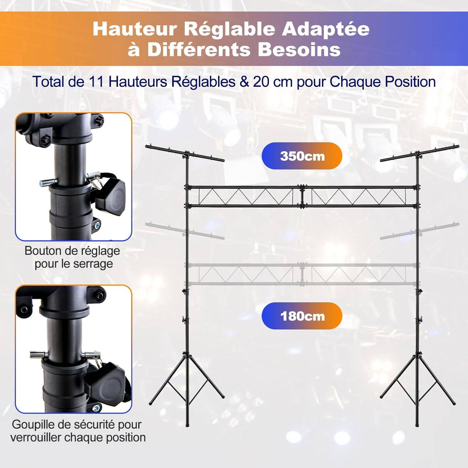 Support d'Éclairage LED avec Hauteur Réglable 180 à 350 cm Charge 100KG,  pour Scène Concerts - Image 3