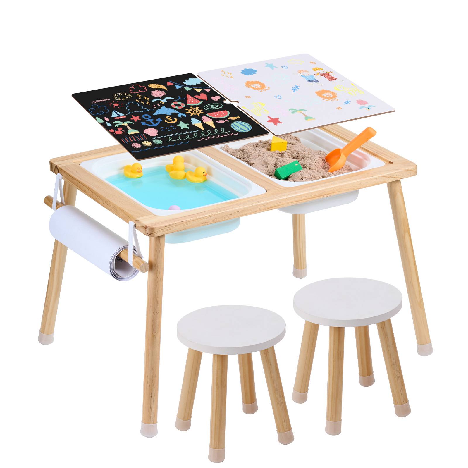 VEVOR Table activités enfants, exploration sensorielle, 3 bacs. Bois, sable, eau. - Image 1