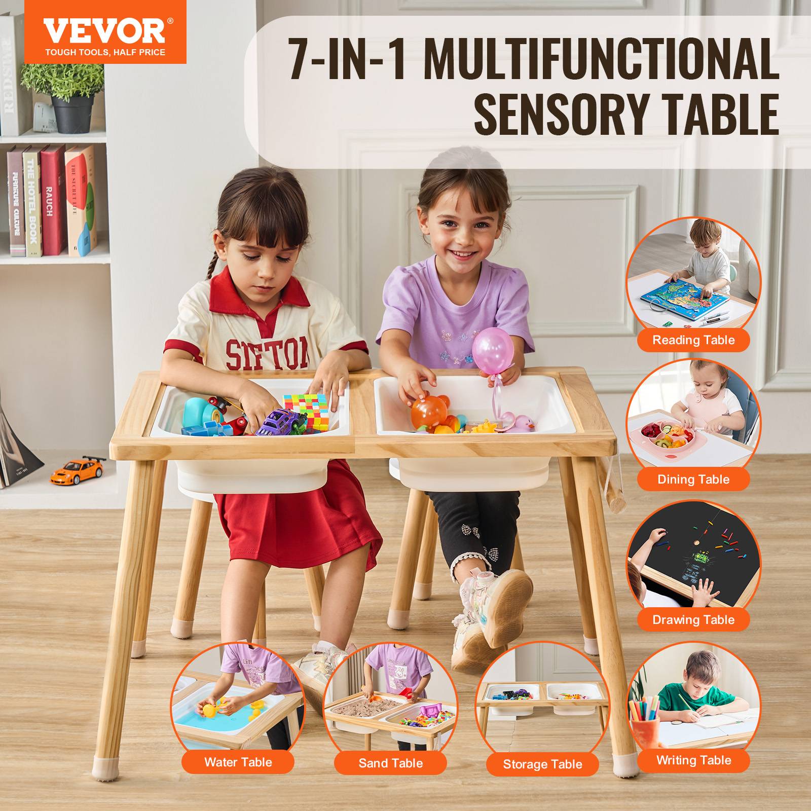VEVOR Table activités enfants, exploration sensorielle, 3 bacs. Bois, sable, eau. - Image 2