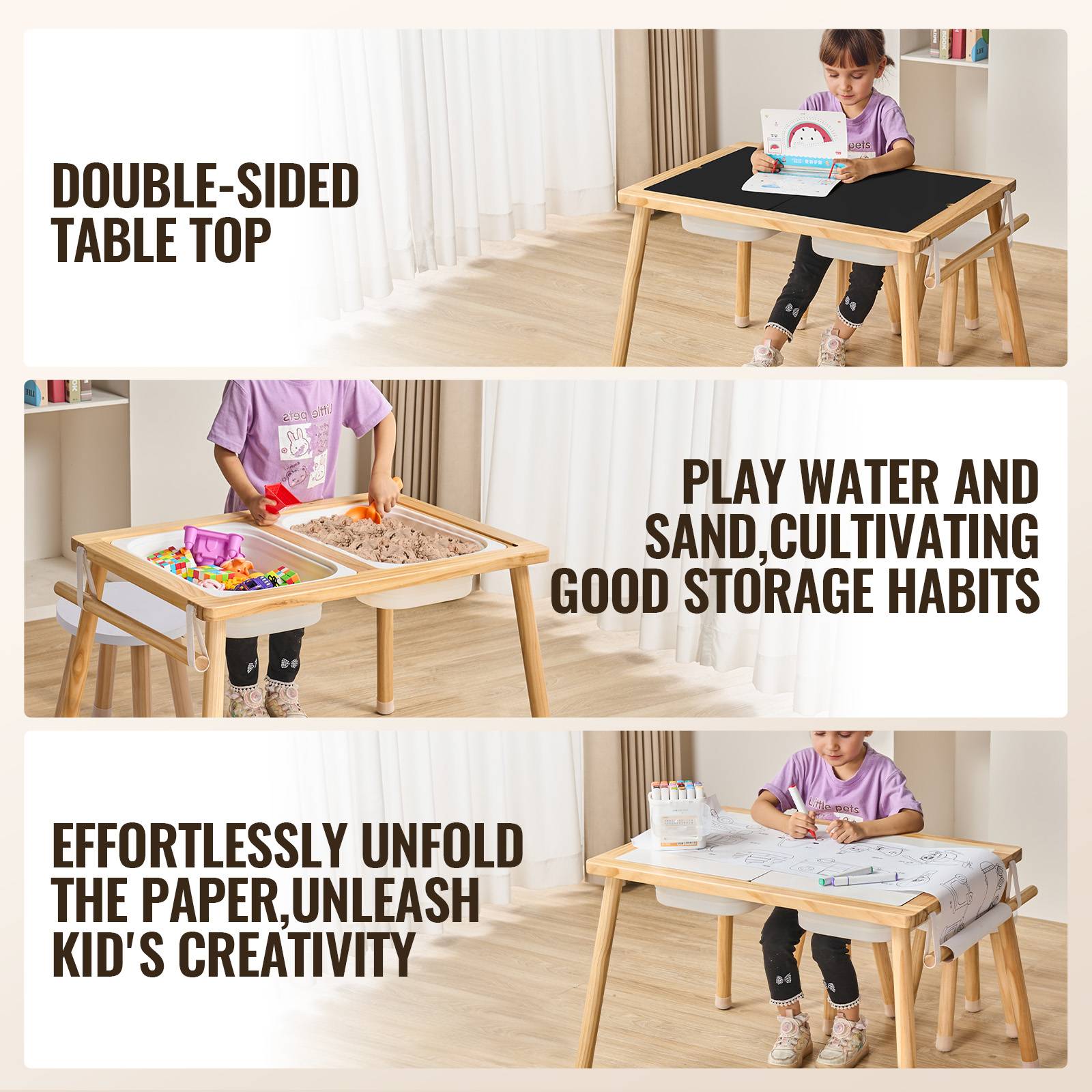 VEVOR Table activités enfants, exploration sensorielle, 3 bacs. Bois, sable, eau. - Image 3