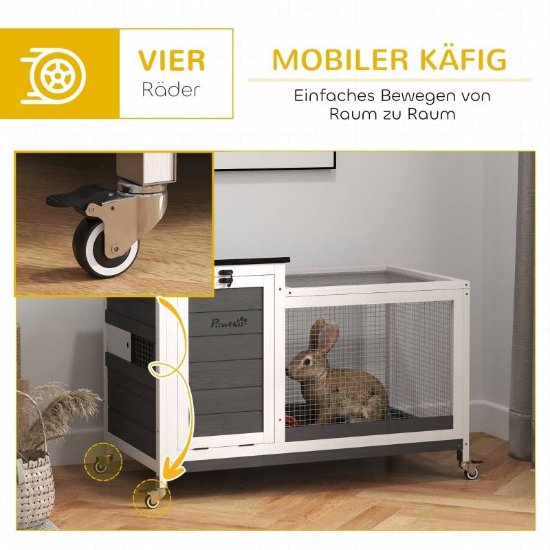 Clapier Lapin Bois Intérieur Extérieur Sur Roulettes Toit Ouvrant 92cm Gris - ComfortXL Pet Living - Imagen 6