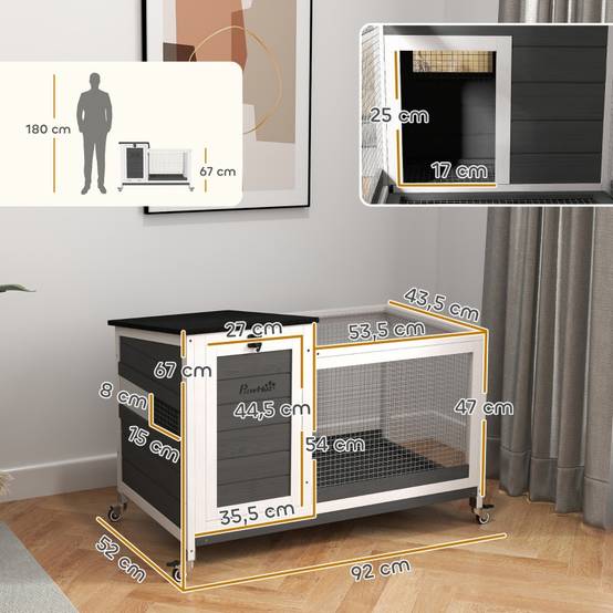 Clapier Lapin Bois Intérieur Extérieur Sur Roulettes Toit Ouvrant 92cm Gris - ComfortXL Pet Living - Image 3