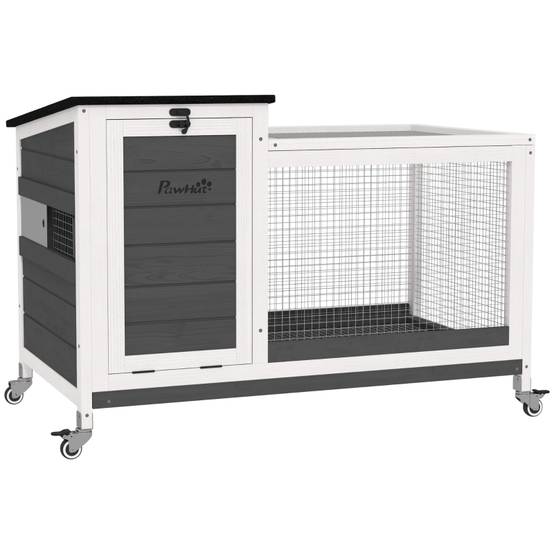 Clapier Lapin Bois Intérieur Extérieur Sur Roulettes Toit Ouvrant 92cm Gris - ComfortXL Pet Living - Image 2