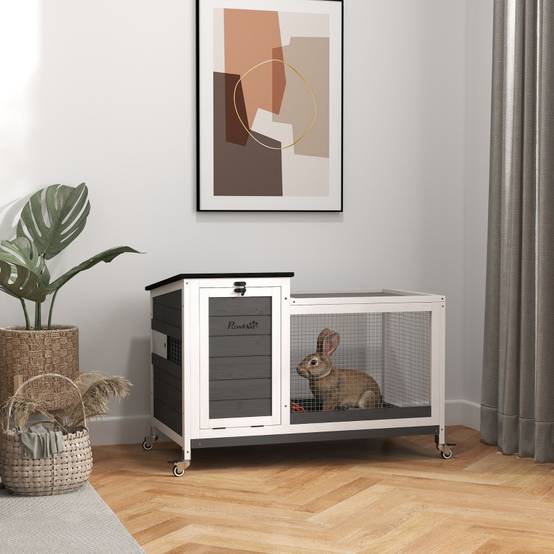 Clapier Lapin Bois Intérieur Extérieur Sur Roulettes Toit Ouvrant 92cm Gris - ComfortXL Pet Living - Image 1