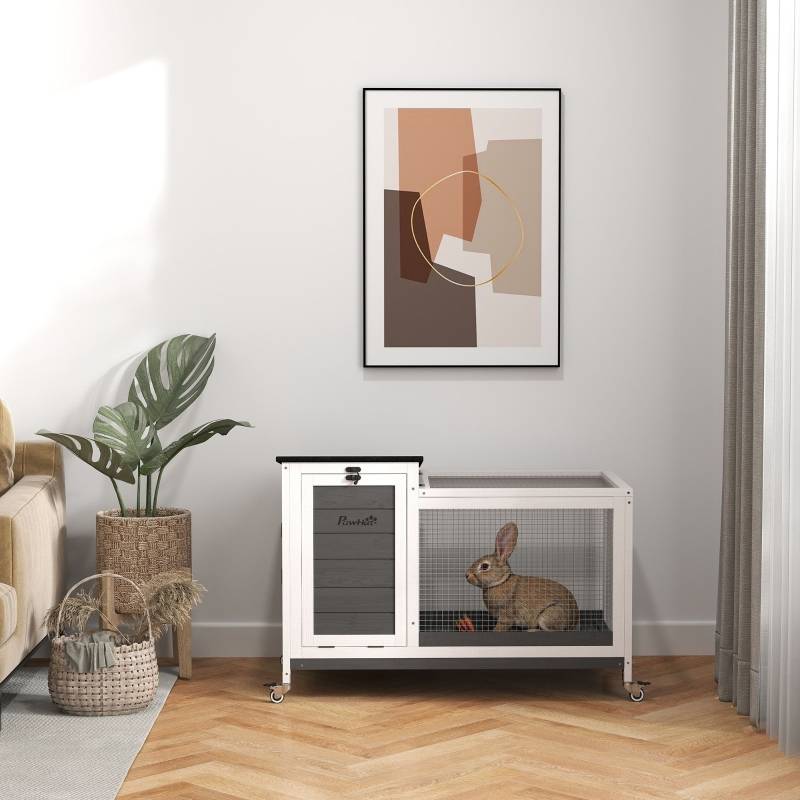 Clapier Lapin Bois Intérieur Extérieur Sur Roulettes Toit Ouvrant 92cm Gris - ComfortXL Pet Living - Imagen 8