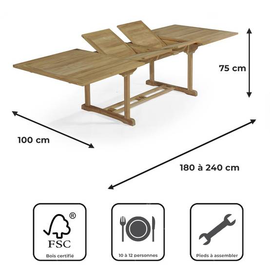 Teck'Attitude - Table extensible rectangulaire teck massif Milan 180/240 x100 cm - TECK'Attitude - Imagen 9