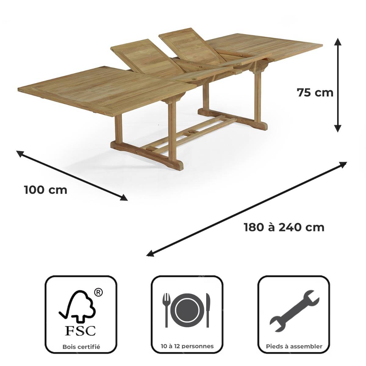 Teck'Attitude - Table extensible rectangulaire teck massif Milan 180/240 x100 cm - TECK'Attitude - Imagen 9