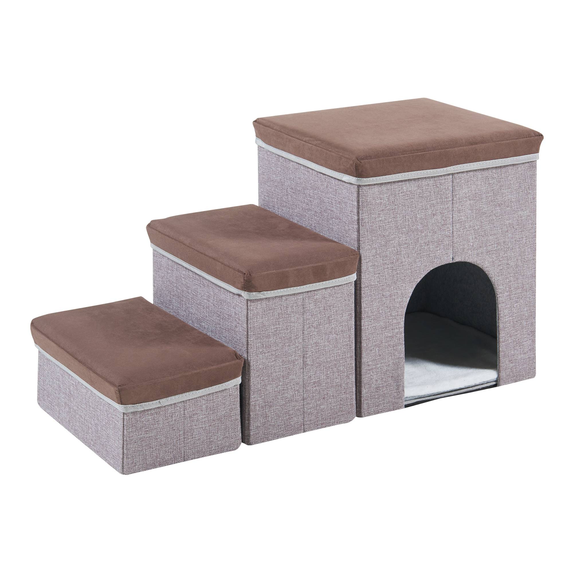 Escalier à 3 marches pour animaux domestiques Vojens 76 x 33 x 43 cm avec niche marron foncé gris [en.casa] - Imagen 1