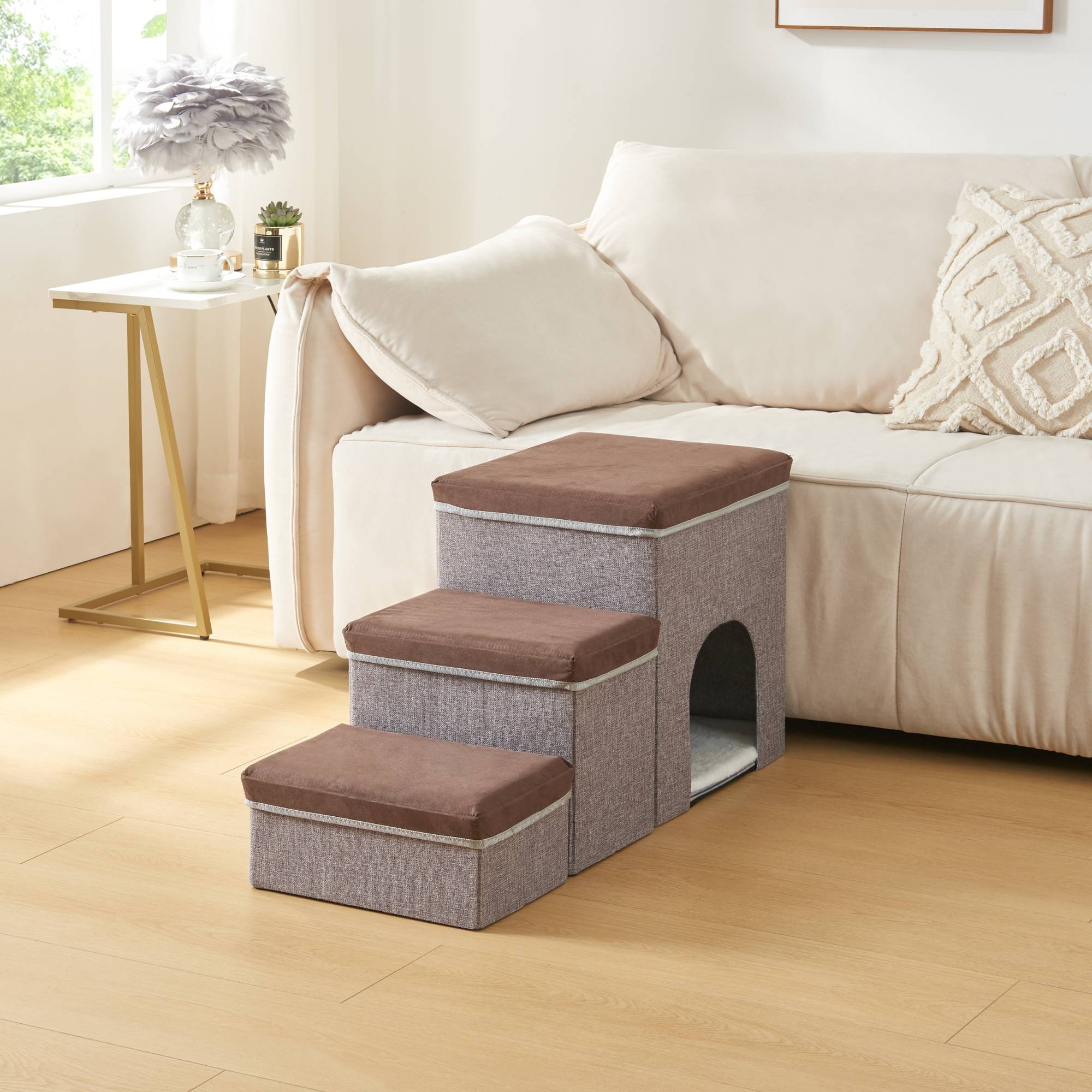 Escalier à 3 marches pour animaux domestiques Vojens 76 x 33 x 43 cm avec niche marron foncé gris [en.casa] - Imagen 2