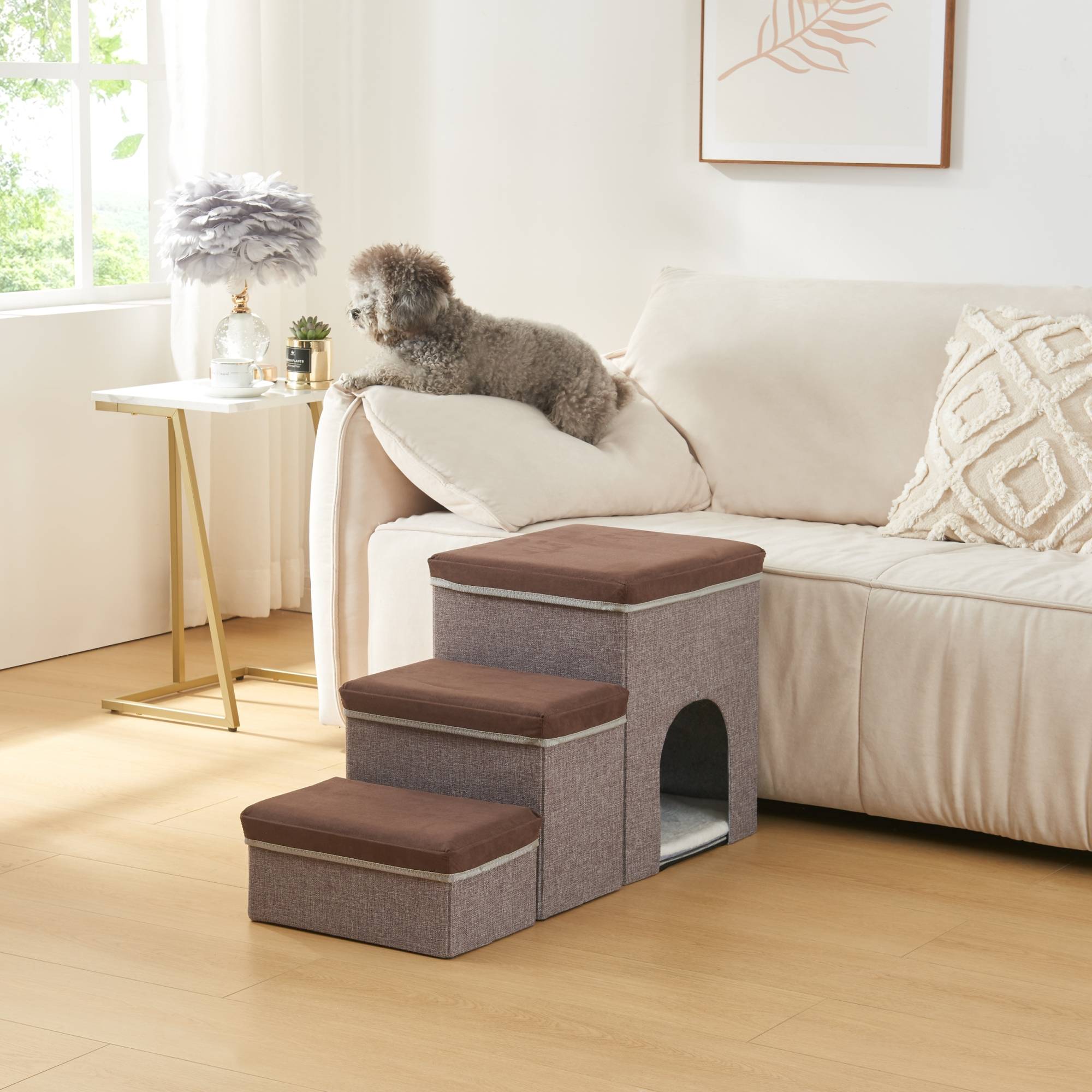 Escalier à 3 marches pour animaux domestiques Vojens 76 x 33 x 43 cm avec niche marron foncé gris [en.casa] - Imagen 4
