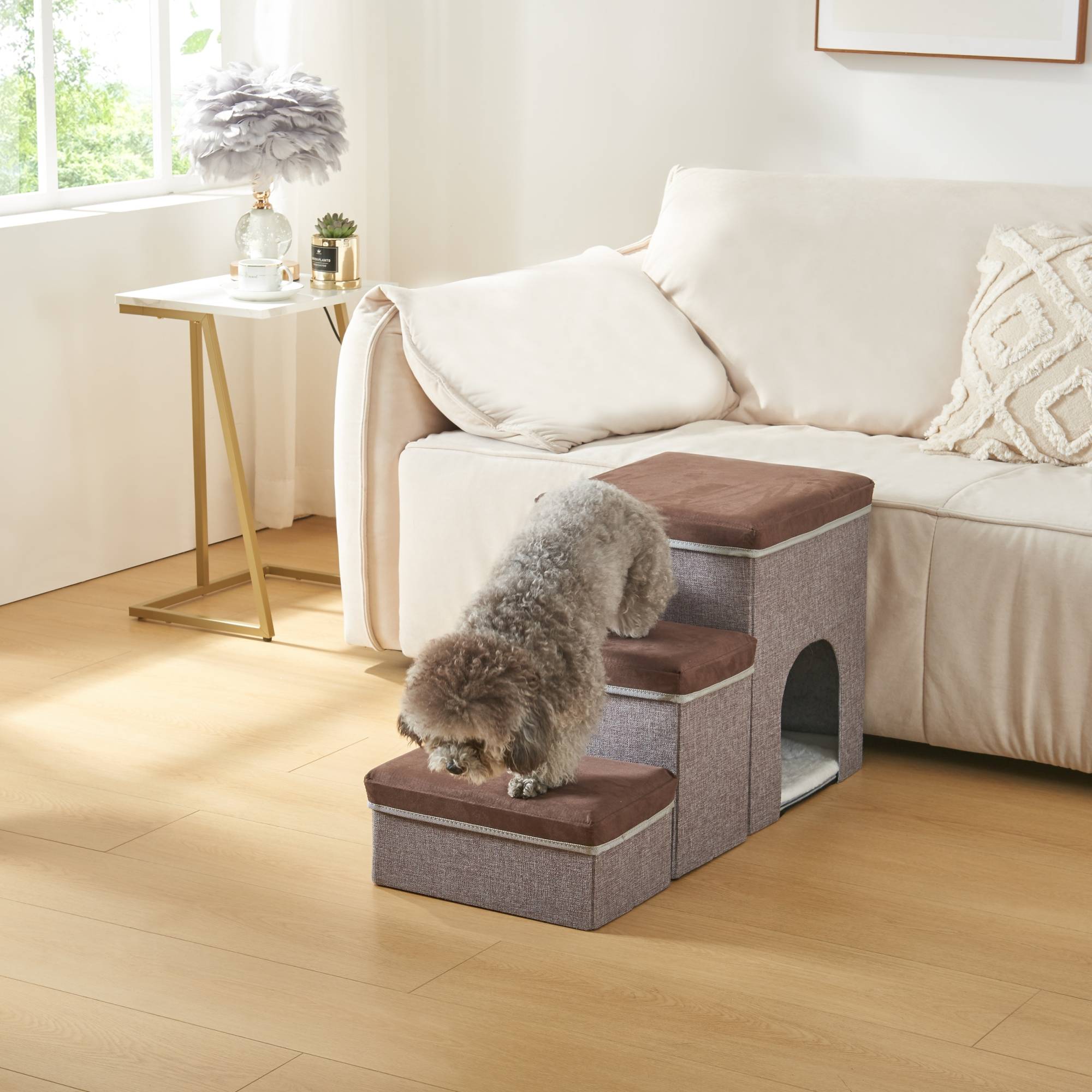 Escalier à 3 marches pour animaux domestiques Vojens 76 x 33 x 43 cm avec niche marron foncé gris [en.casa] - Imagen 3