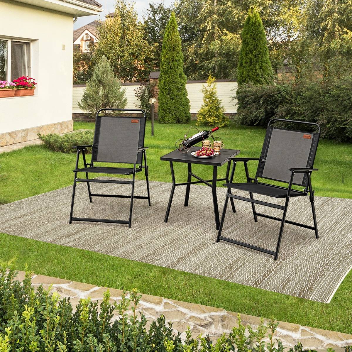 Lot de 4 Chaises de Jardin Pliantes en Textilène avec Accoudoirs en Métal Fauteuil de Jardin avec Pieds Antidérapants Noir F166R - Image 3