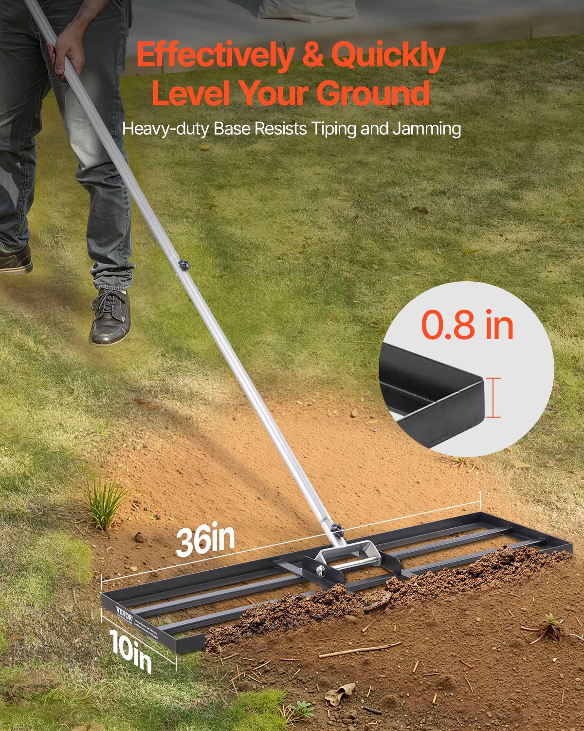 VEVOR Rateau nivellement pelouse, 914x254x2290 mm, manche 2130 mm. Acier carbone, jardin. - Image 2