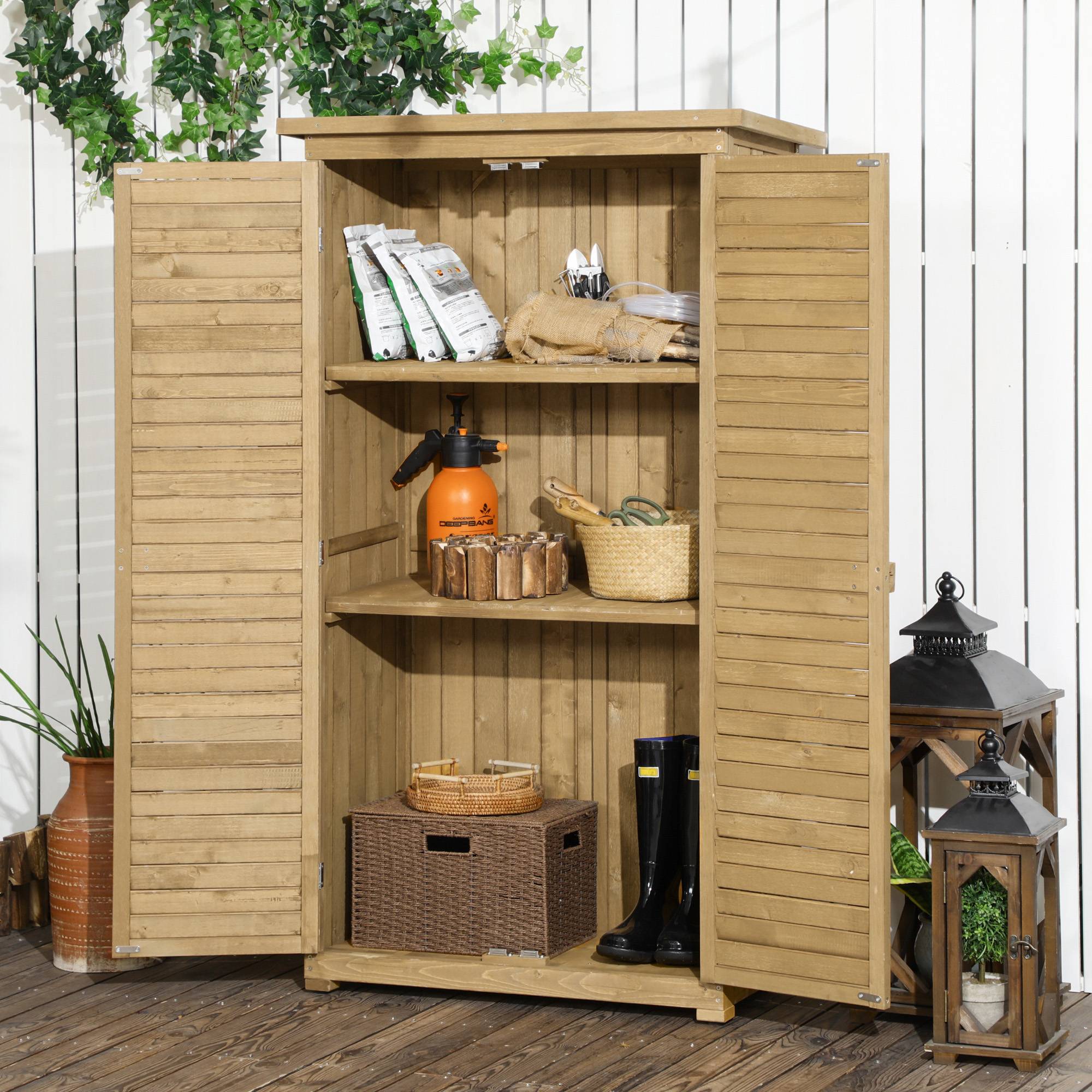 Abri outils, portes à lamelles, 3 étagères, résistant, 87x46,5x160 cm, sapin, brun - Image 3