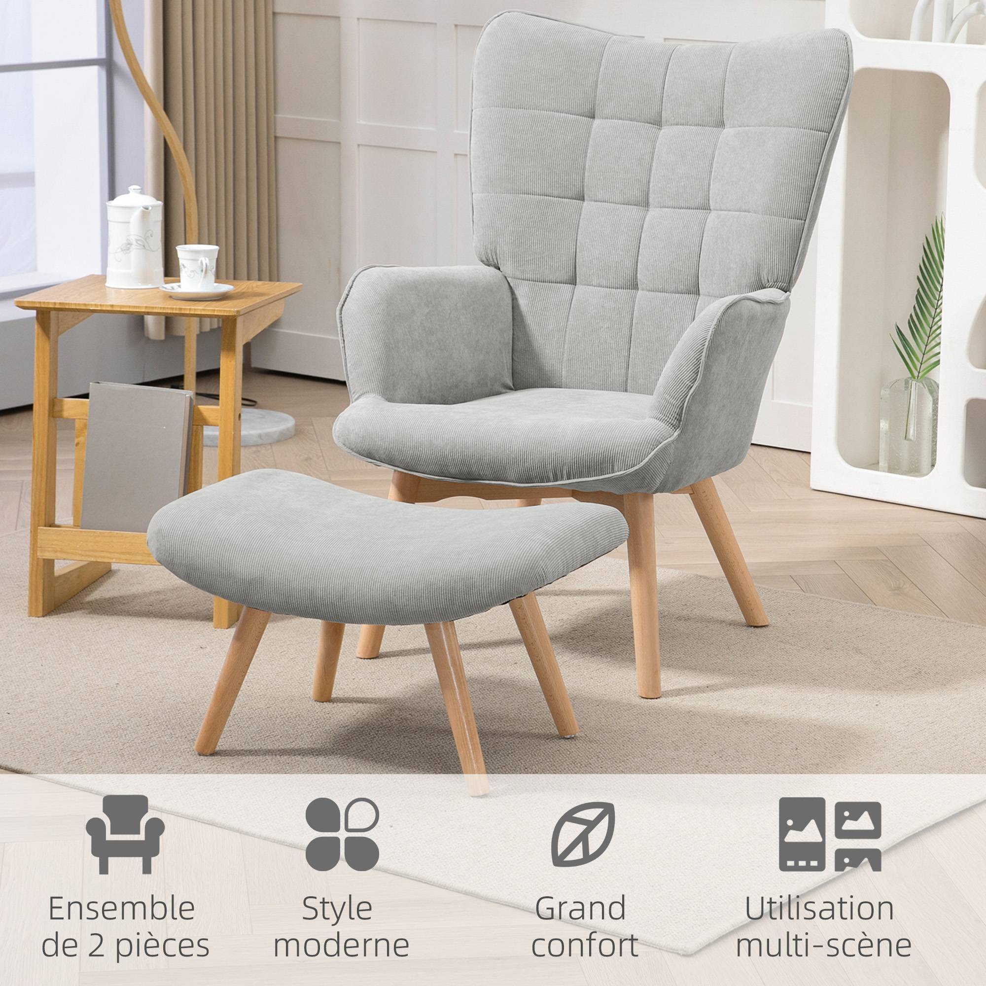 Sans Marque - Fauteuil avec repose pied, dossier haut, pieds en bois et tissu aspect velours côtelé, pour salon chambre à coucher gris - Image 8