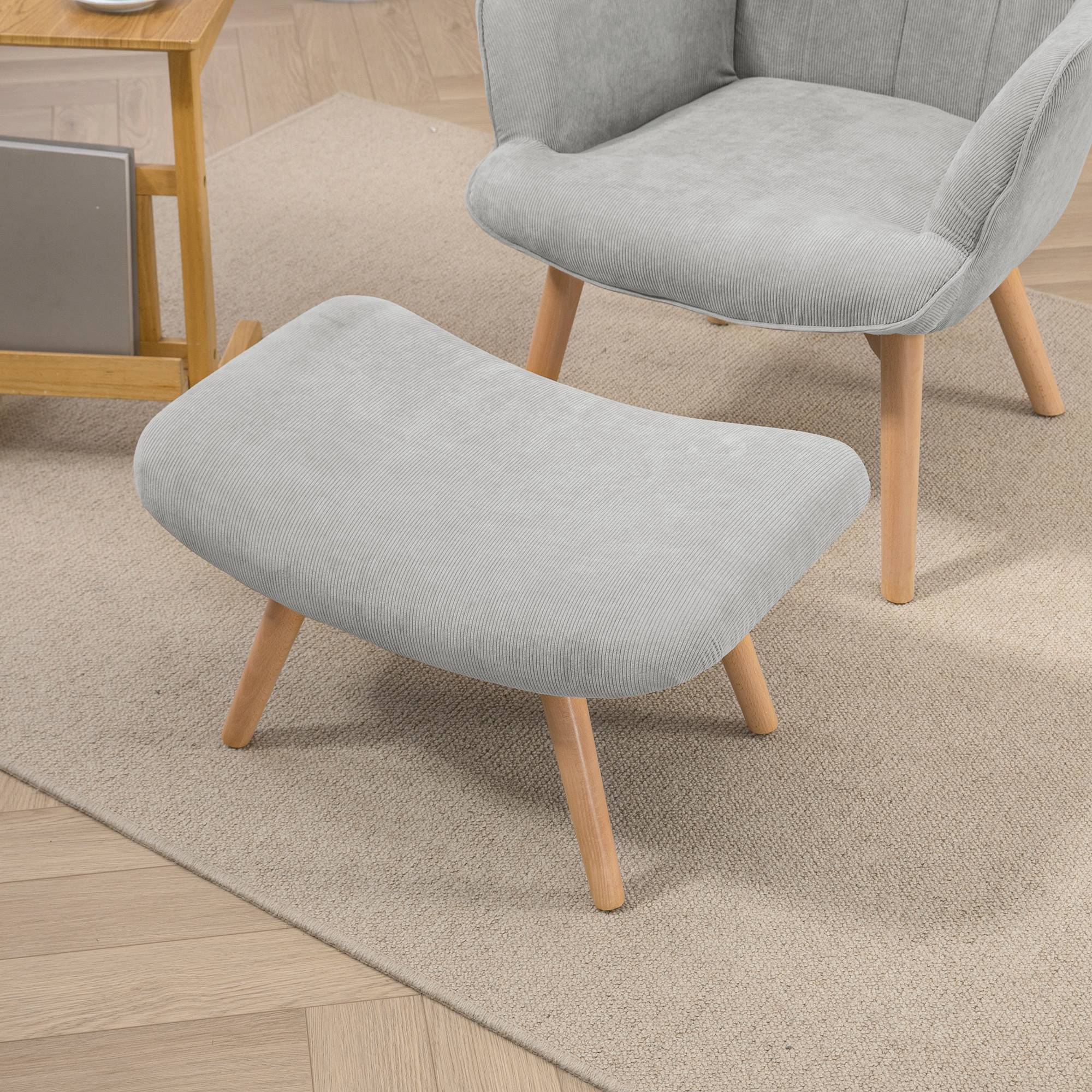 Sans Marque - Fauteuil avec repose pied, dossier haut, pieds en bois et tissu aspect velours côtelé, pour salon chambre à coucher gris - Image 9