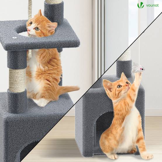 Arbre à chat 88cm avec corde, griffoir, niche et plateforme - Gris - Arbre à grimper pour chats - VOUNOT® - Image 5